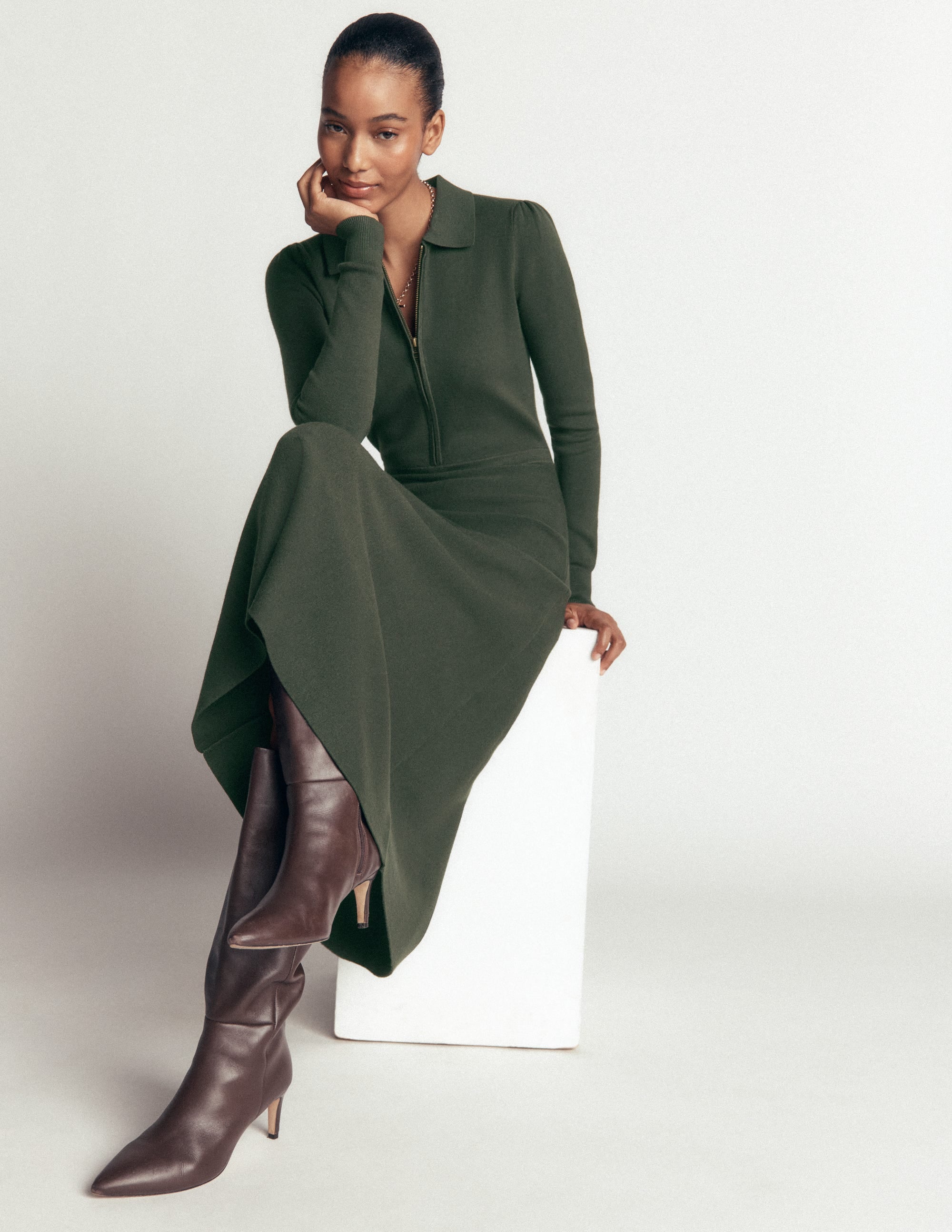 Fiona Zip Front Knitted Dress-Hunter Green - Image 1