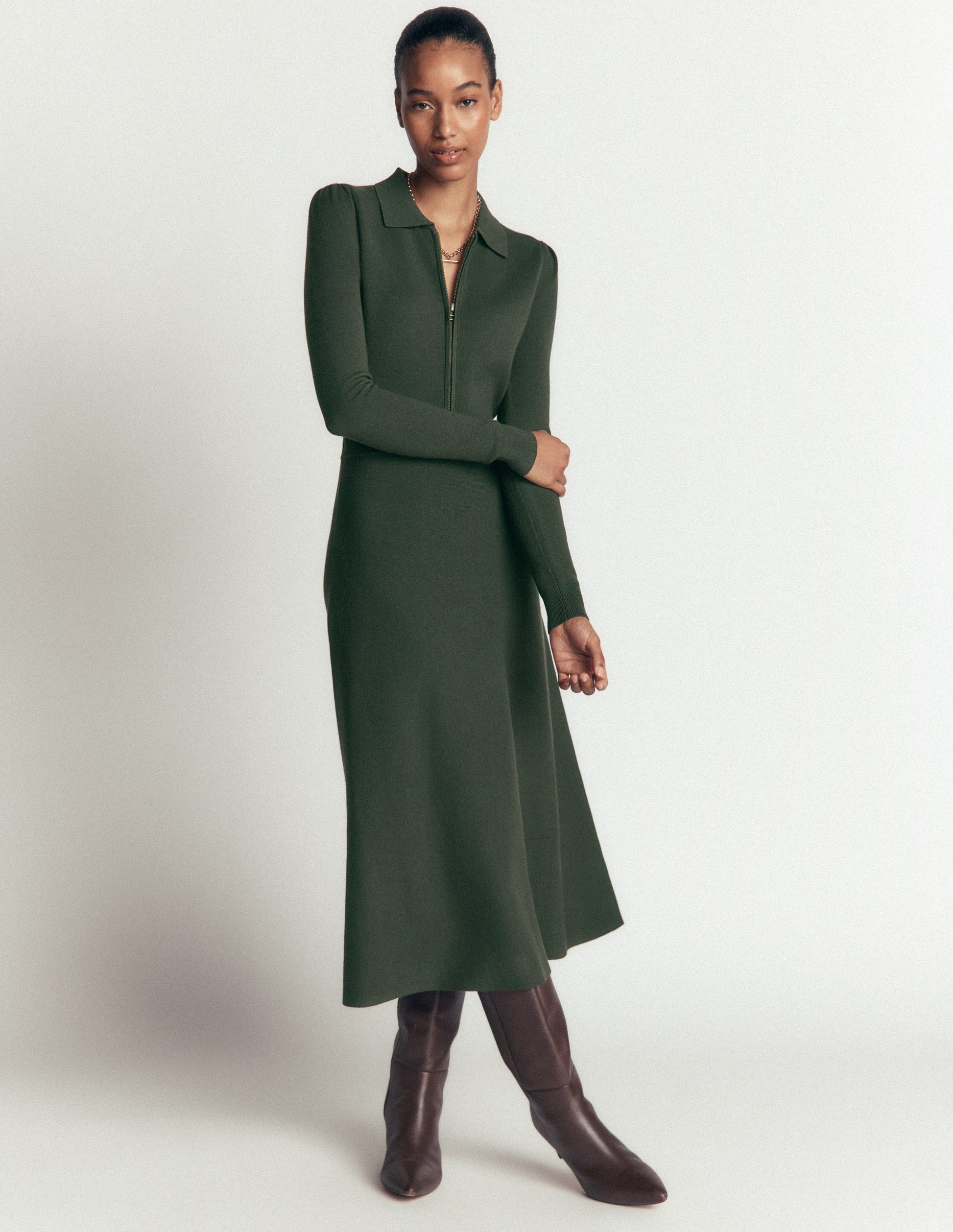 Fiona Zip Front Knitted Dress-Hunter Green-4