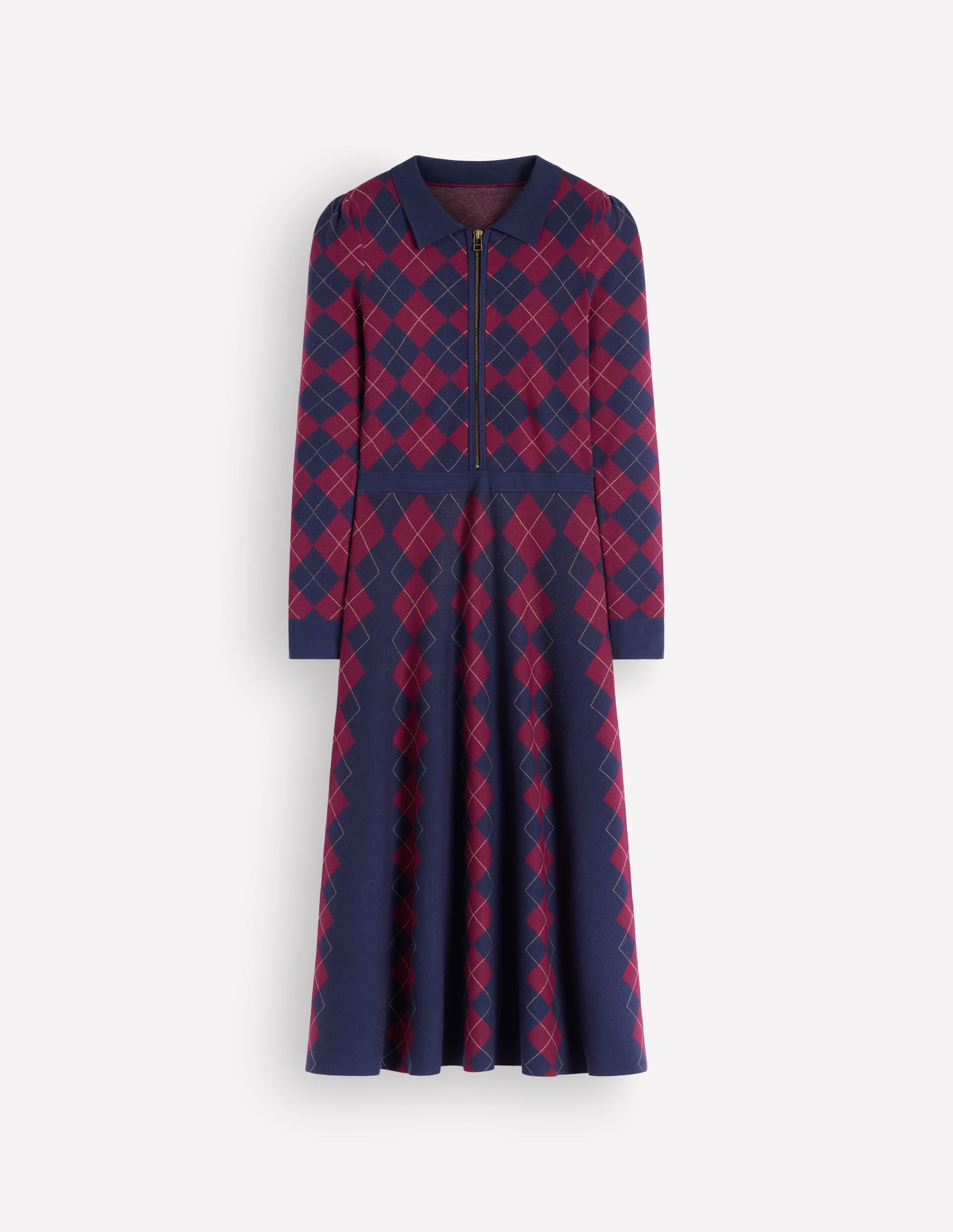 Fiona Zip Front Knitted Dress-Navy and Maroon Argyle - Image 6