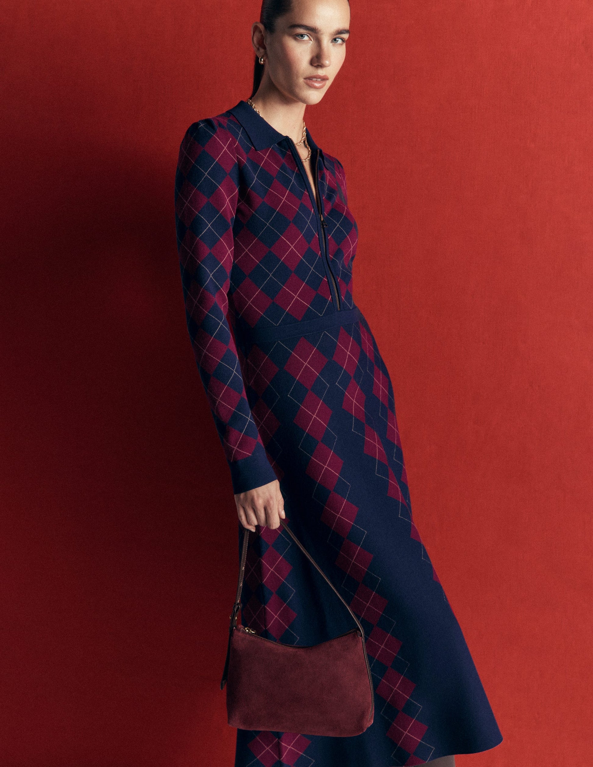 Fiona Zip Front Knitted Dress-Navy and Maroon Argyle-2