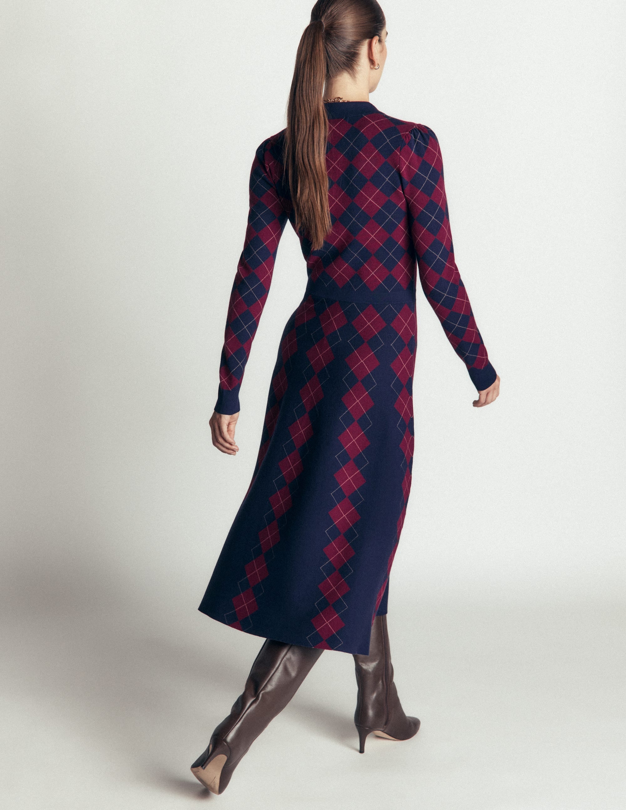 Fiona Zip Front Knitted Dress-Navy and Maroon Argyle - Image 4