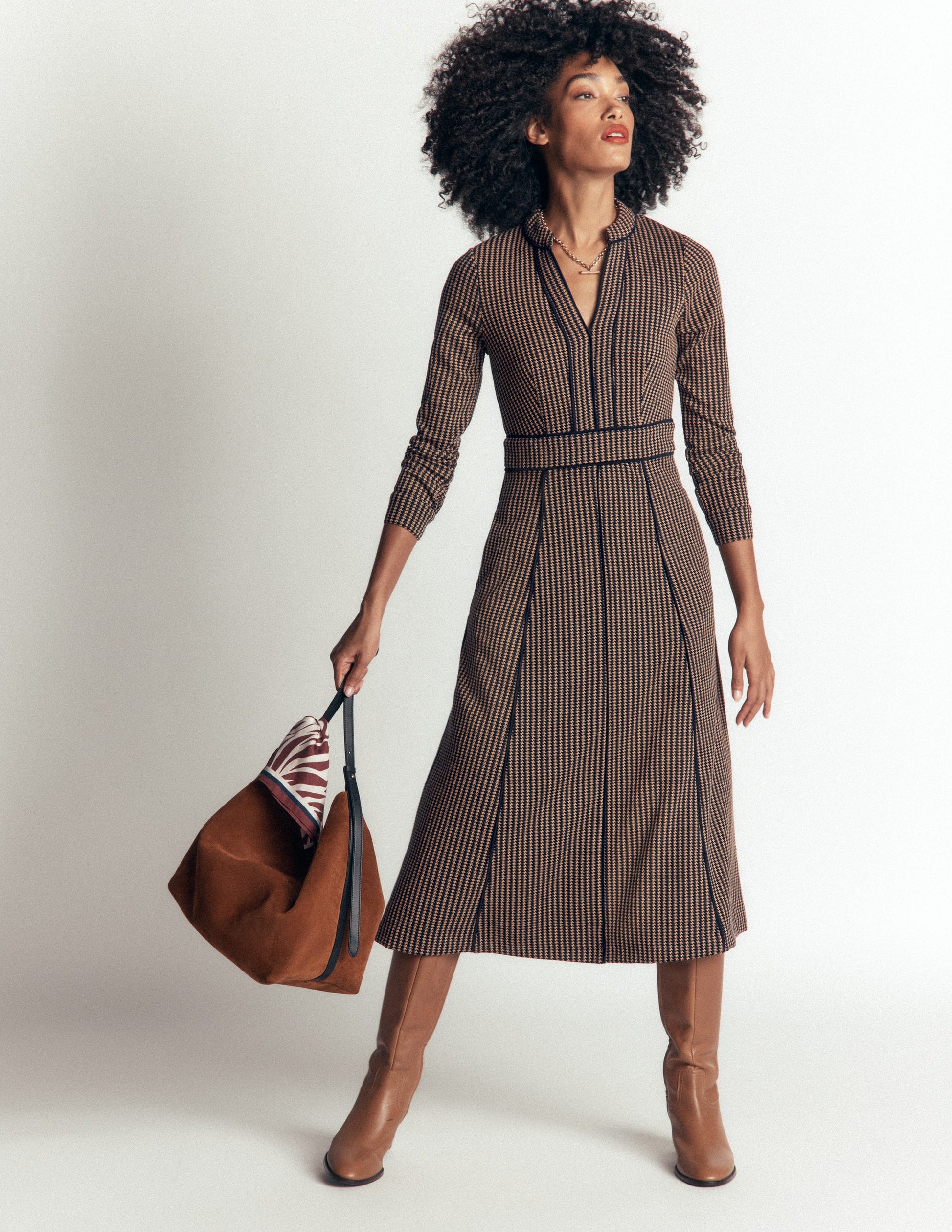 Alex Ponte Contrast Midi Dress-Navy/Camel Texture-2