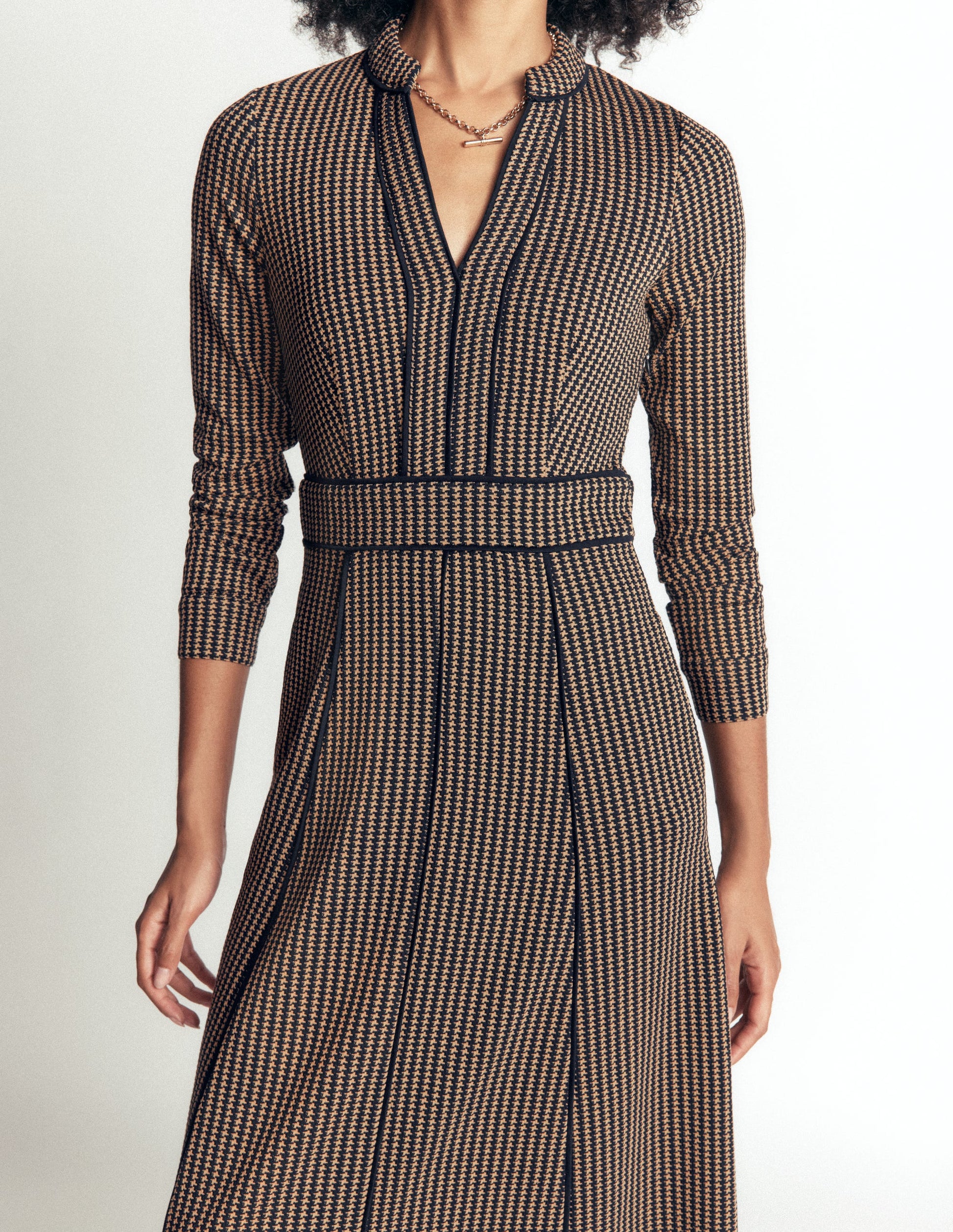Alex Ponte Contrast Midi Dress-Navy/Camel Texture-3