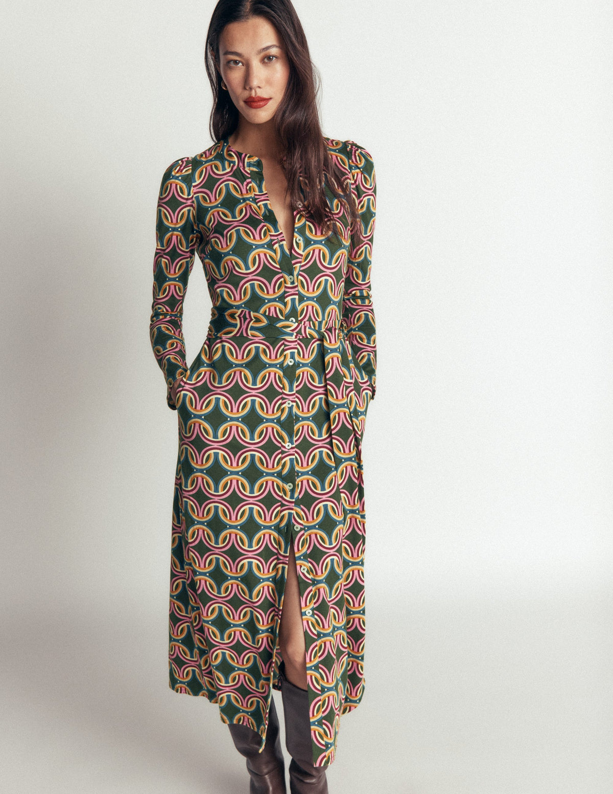 Honor Column Jersey Midi Dress-Duffle Bag, Geo Parade - Image 4