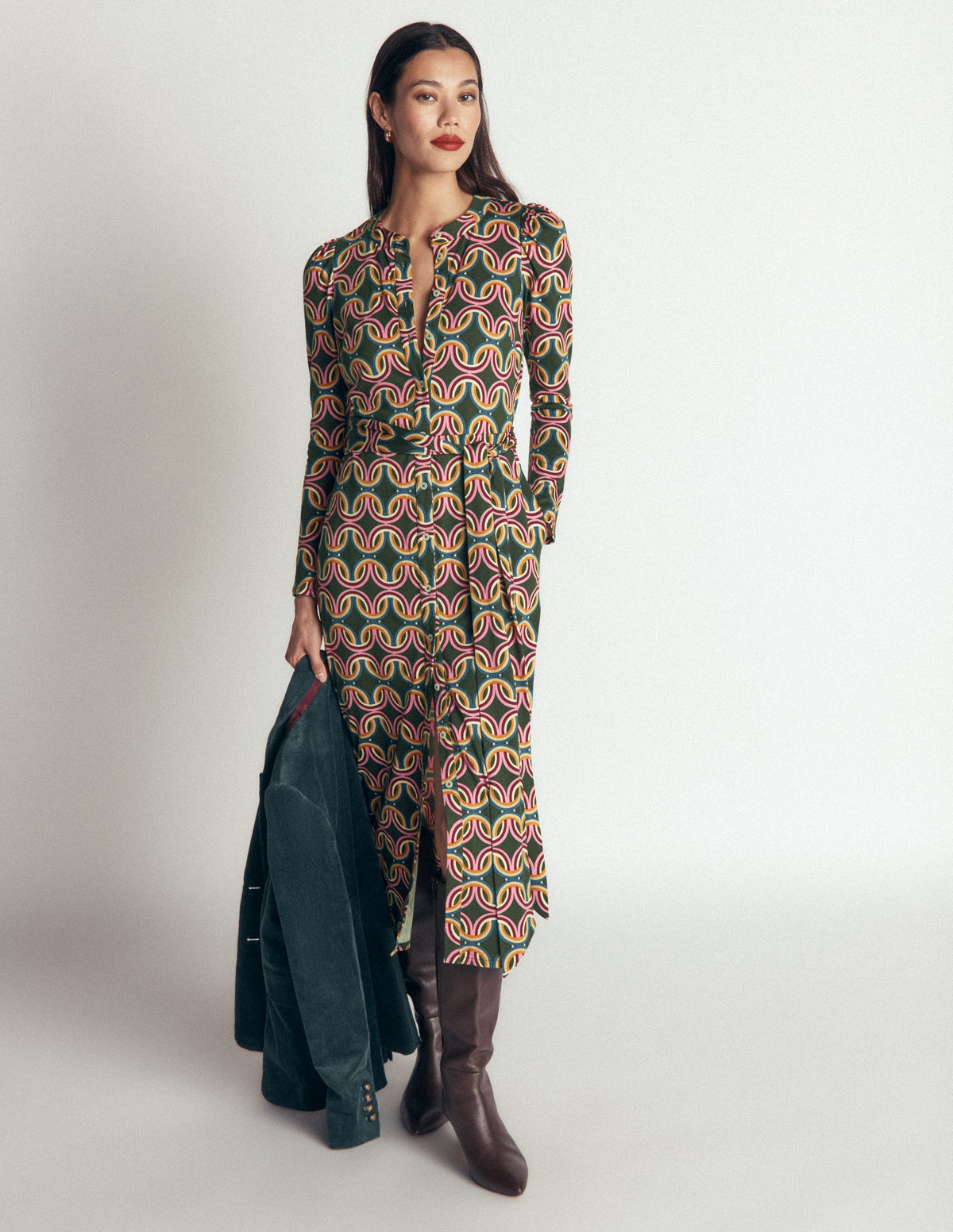 Honor Column Jersey Midi Dress-Duffle Bag, Geo Parade - Image 5
