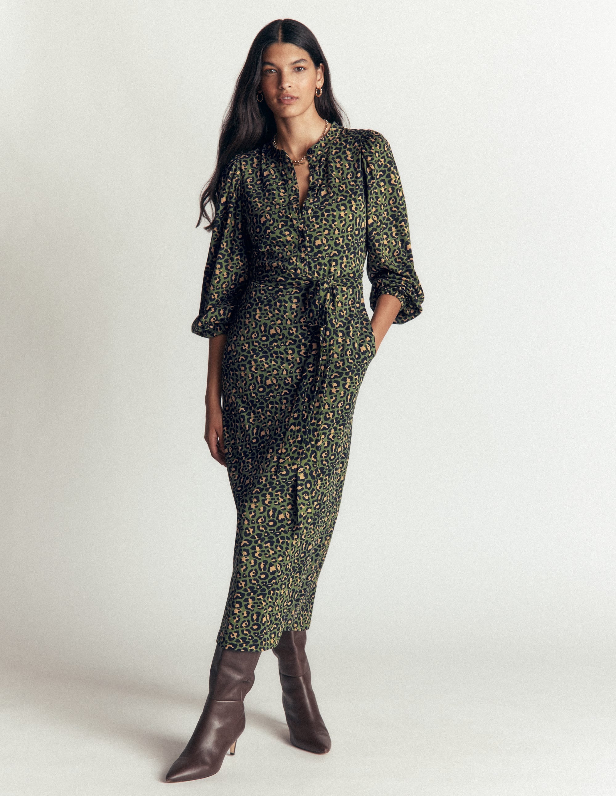 Eli Belted Jersey Midi Dress-Brunswick Green, Leopard - Image 1