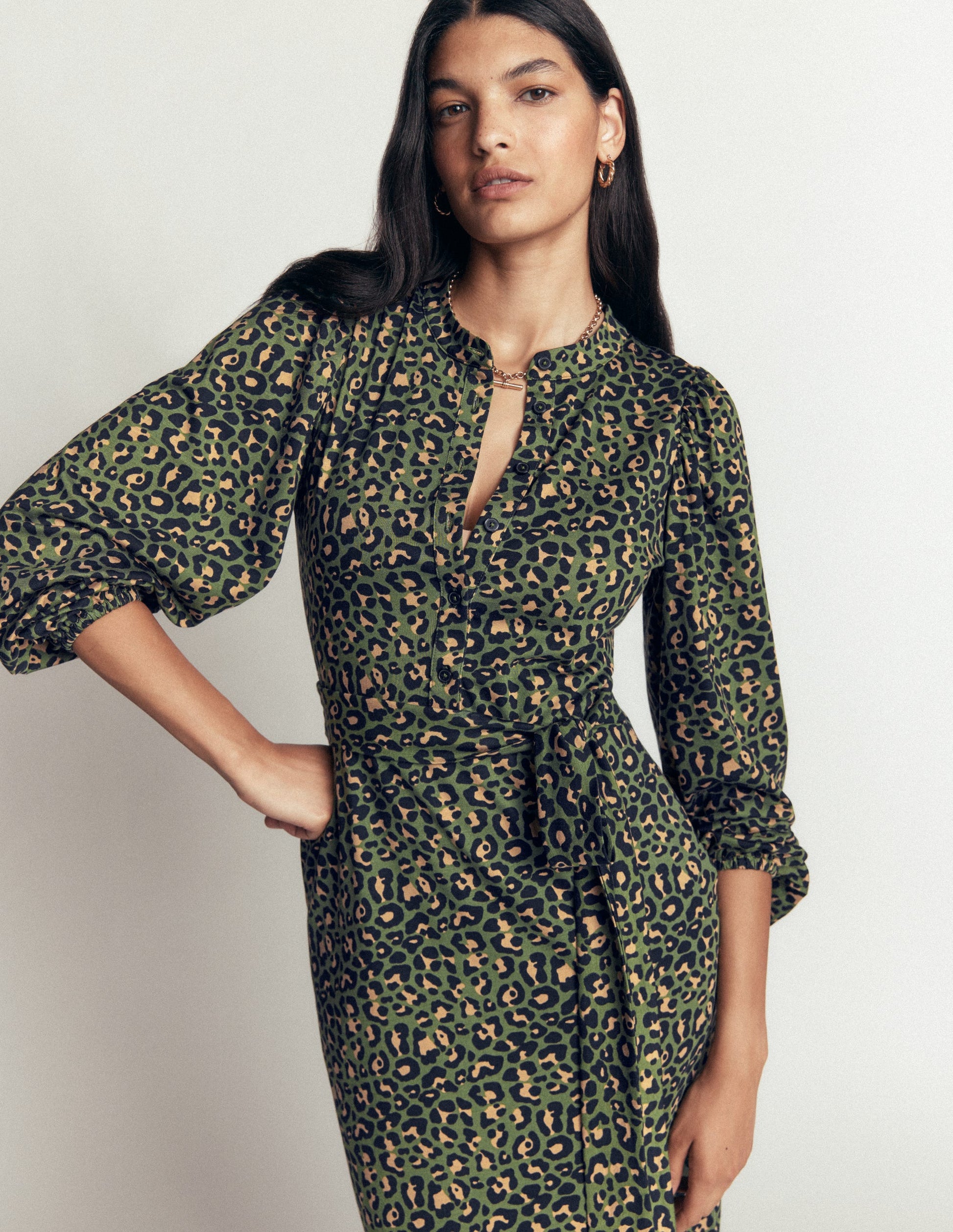 Eli Belted Jersey Midi Dress-Brunswick Green, Leopard-4