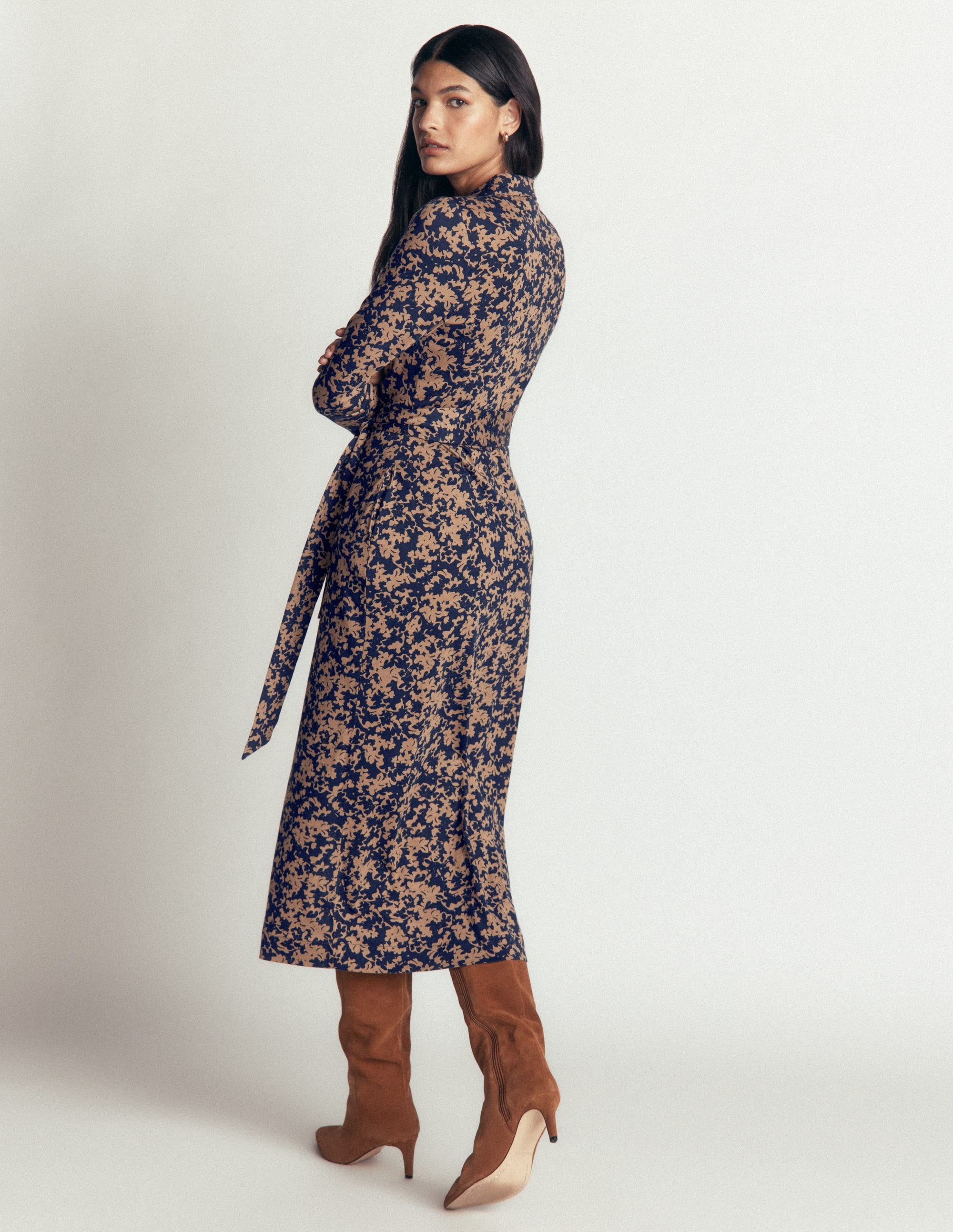 Ruched Jersey Shirt Dress-Cool Cocoa, Sprayed Leaf - Image 3