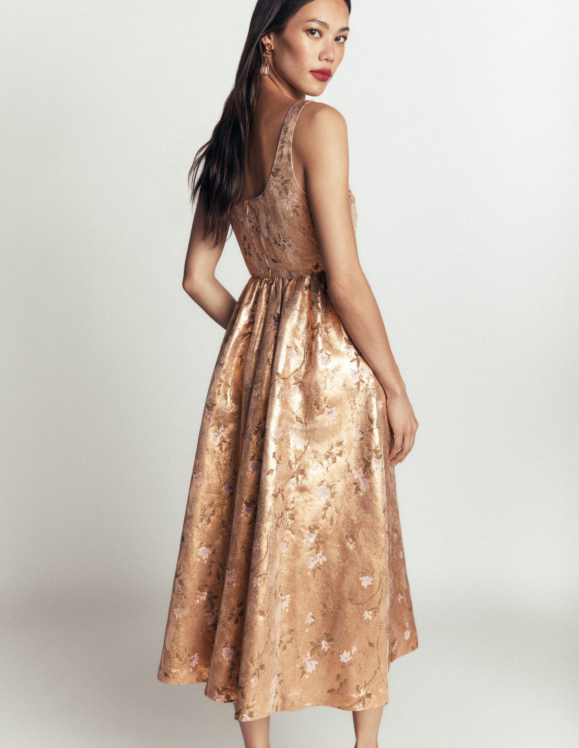 Scoop Neck Fit and Flare Dress-Gold Jacquard-2