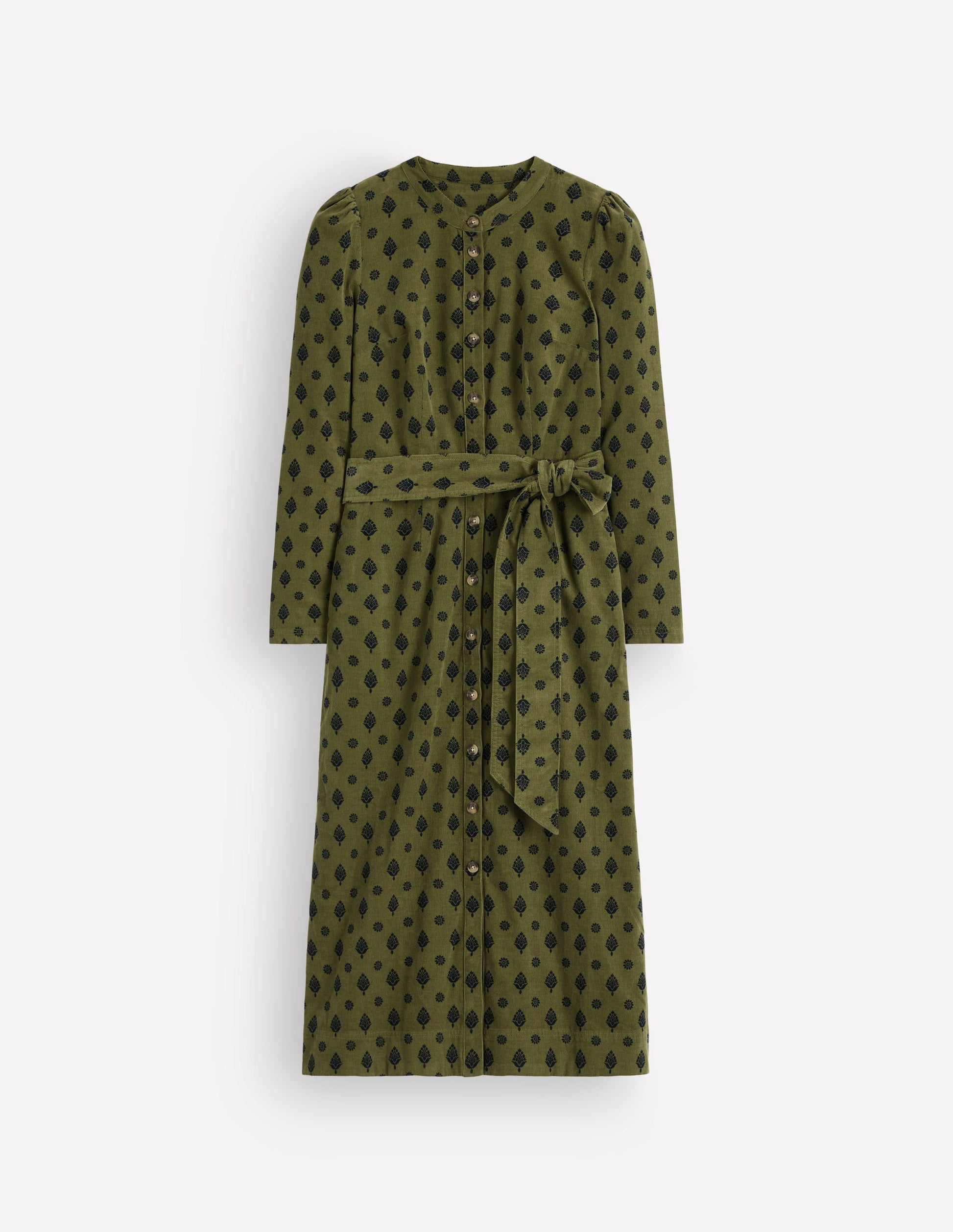 Louise Cord Midi Shirt Dress-Olive, Ornate Gardenia Stamp-7
