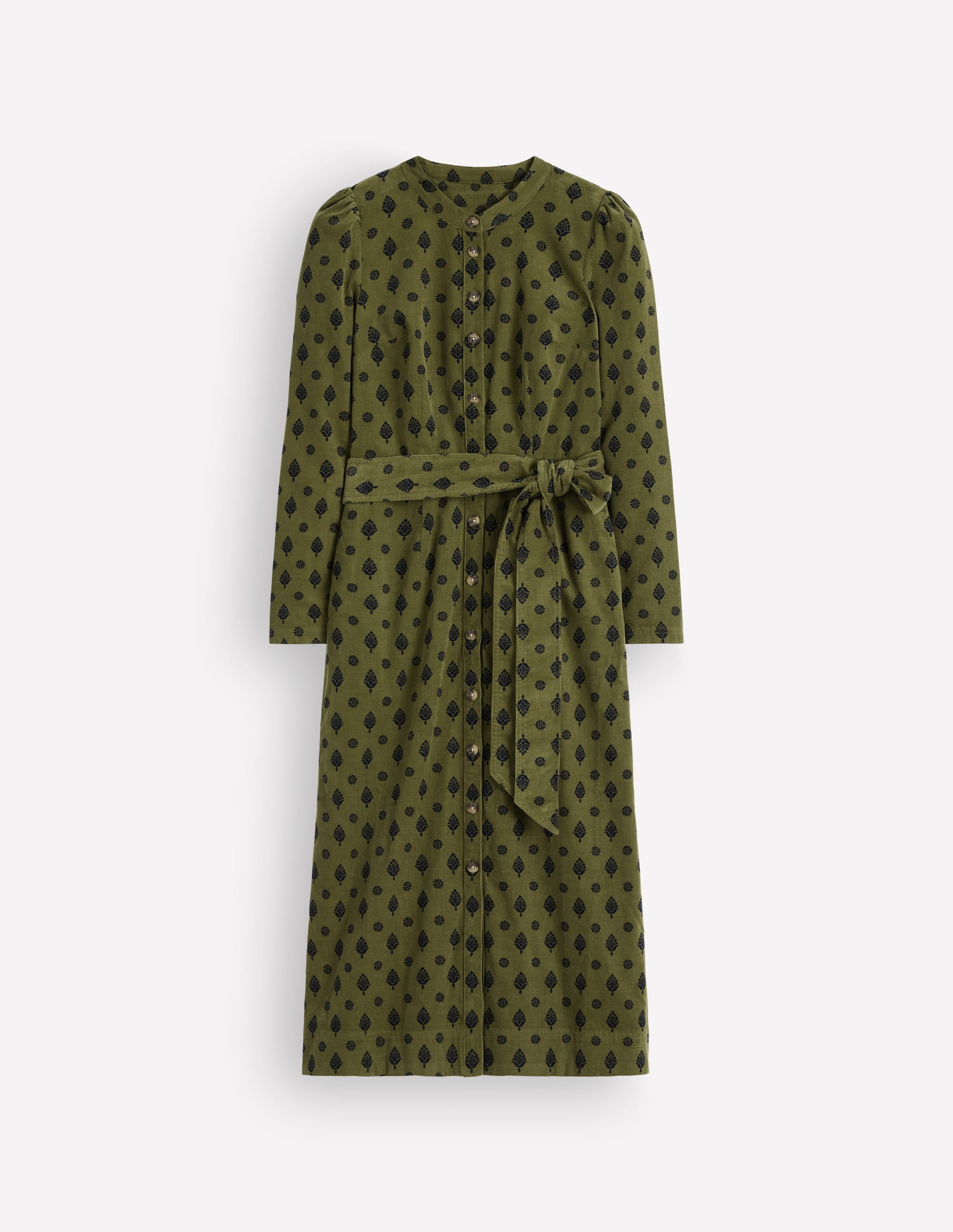 Louise Cord Midi Shirt Dress-Olive, Ornate Gardenia Stamp - Image 7