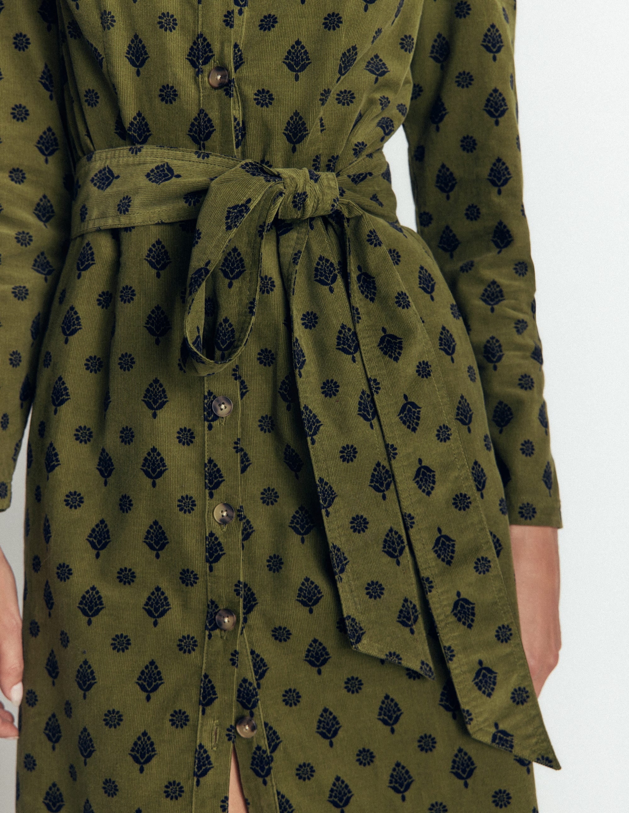 Louise Cord Midi Shirt Dress-Olive, Ornate Gardenia Stamp - Image 2