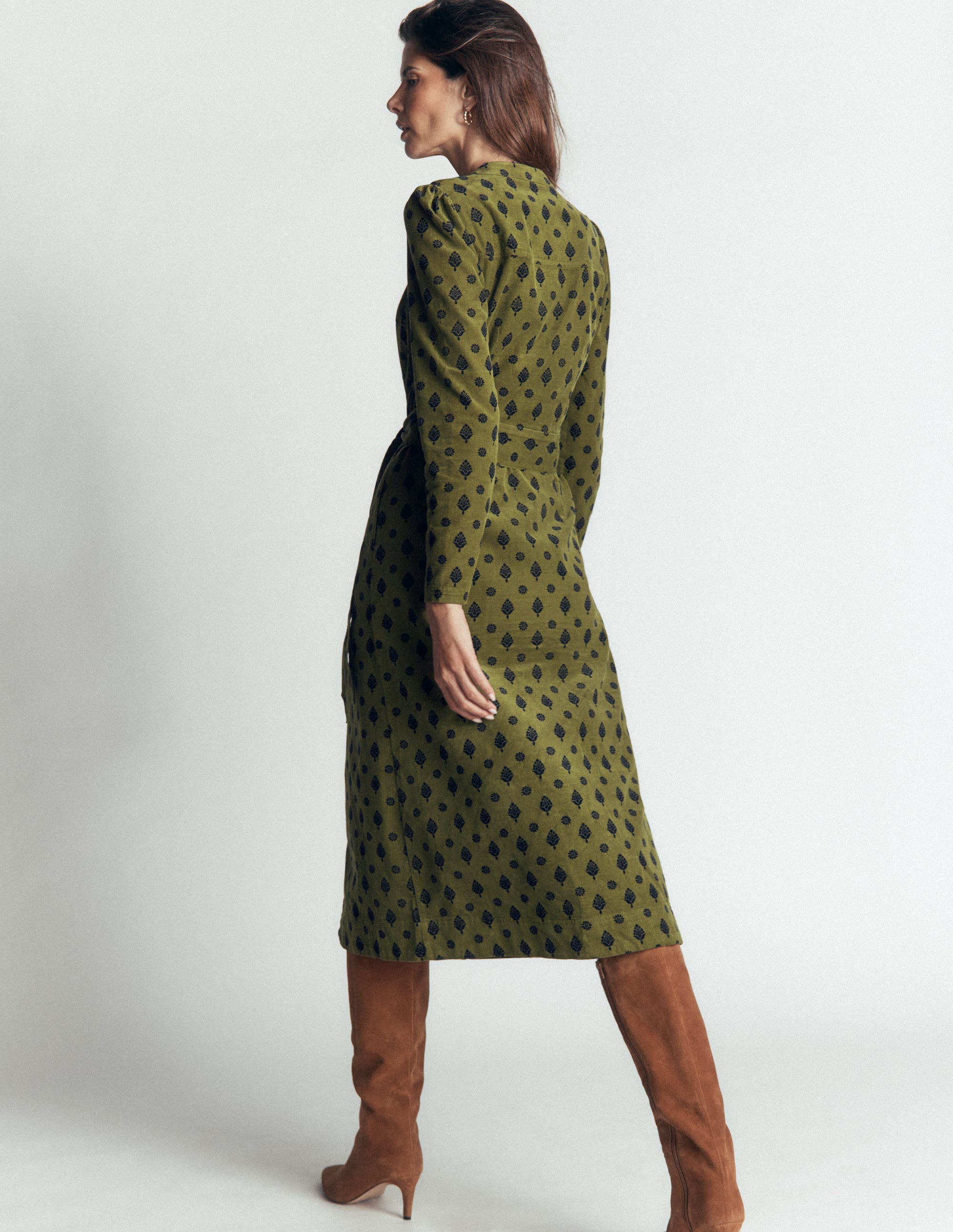 Louise Cord Midi Shirt Dress-Olive, Ornate Gardenia Stamp - Image 3