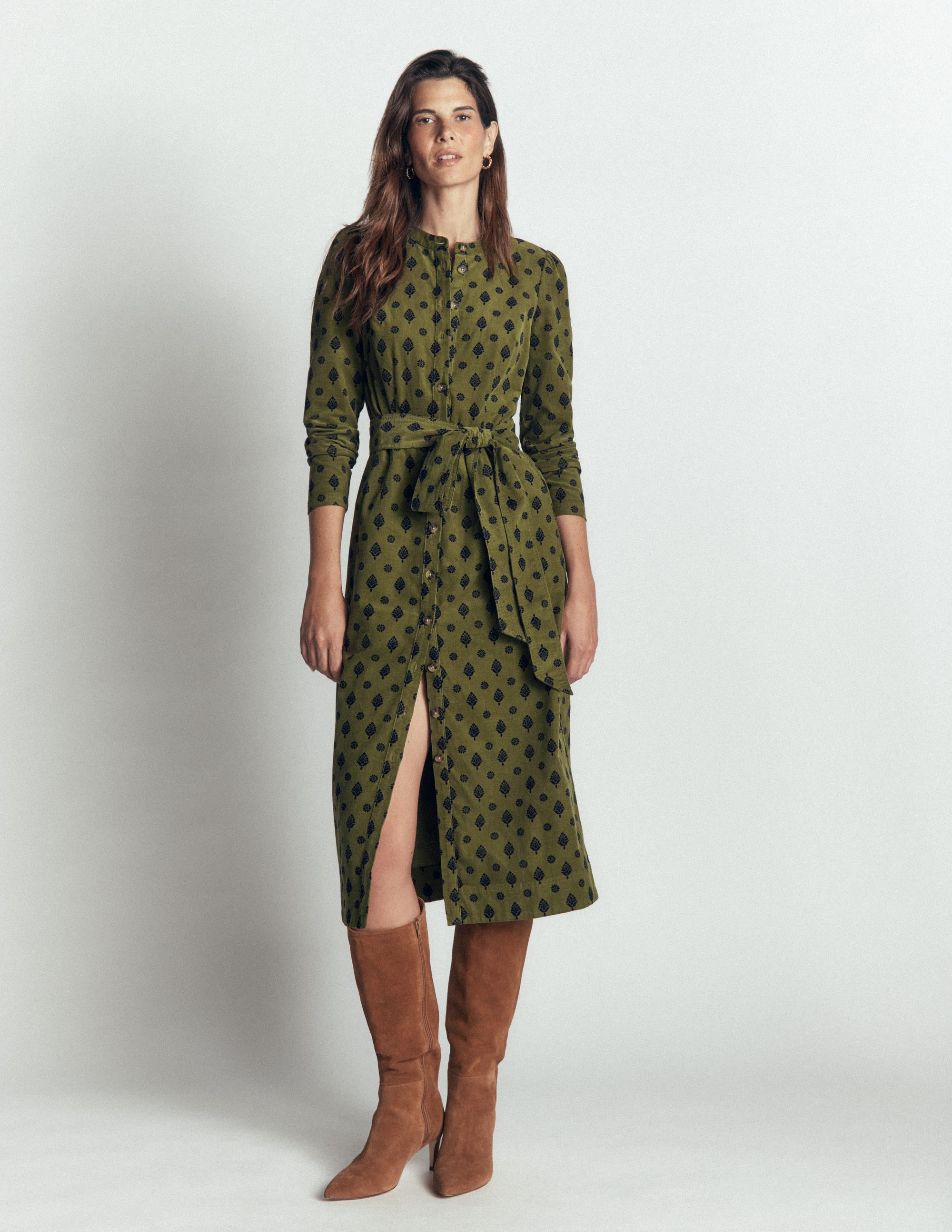Louise Cord Midi Shirt Dress-Olive, Ornate Gardenia Stamp - Image 4