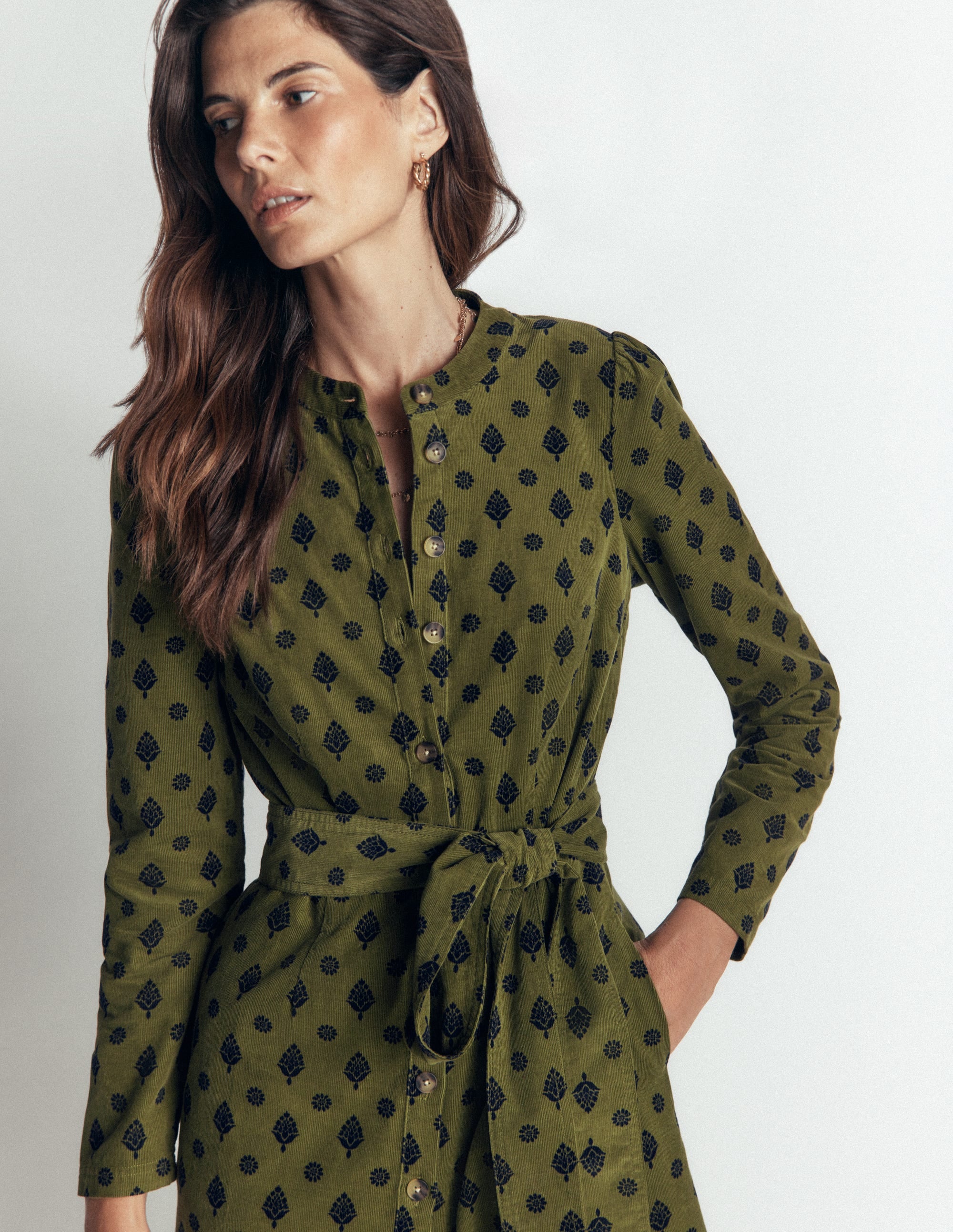 Louise Cord Midi Shirt Dress-Olive, Ornate Gardenia Stamp - Image 5