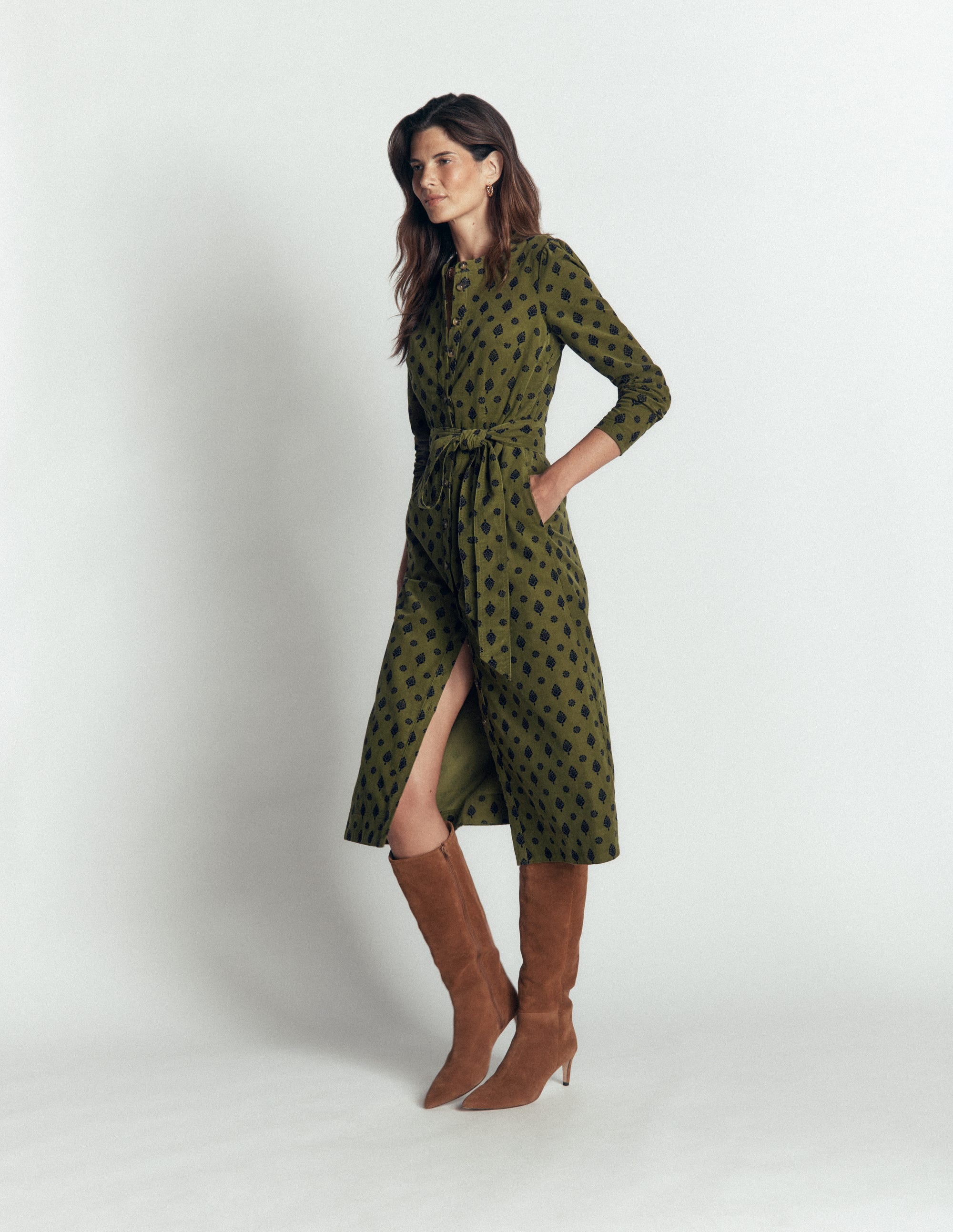 Louise Cord Midi Shirt Dress-Olive, Ornate Gardenia Stamp - Image 6
