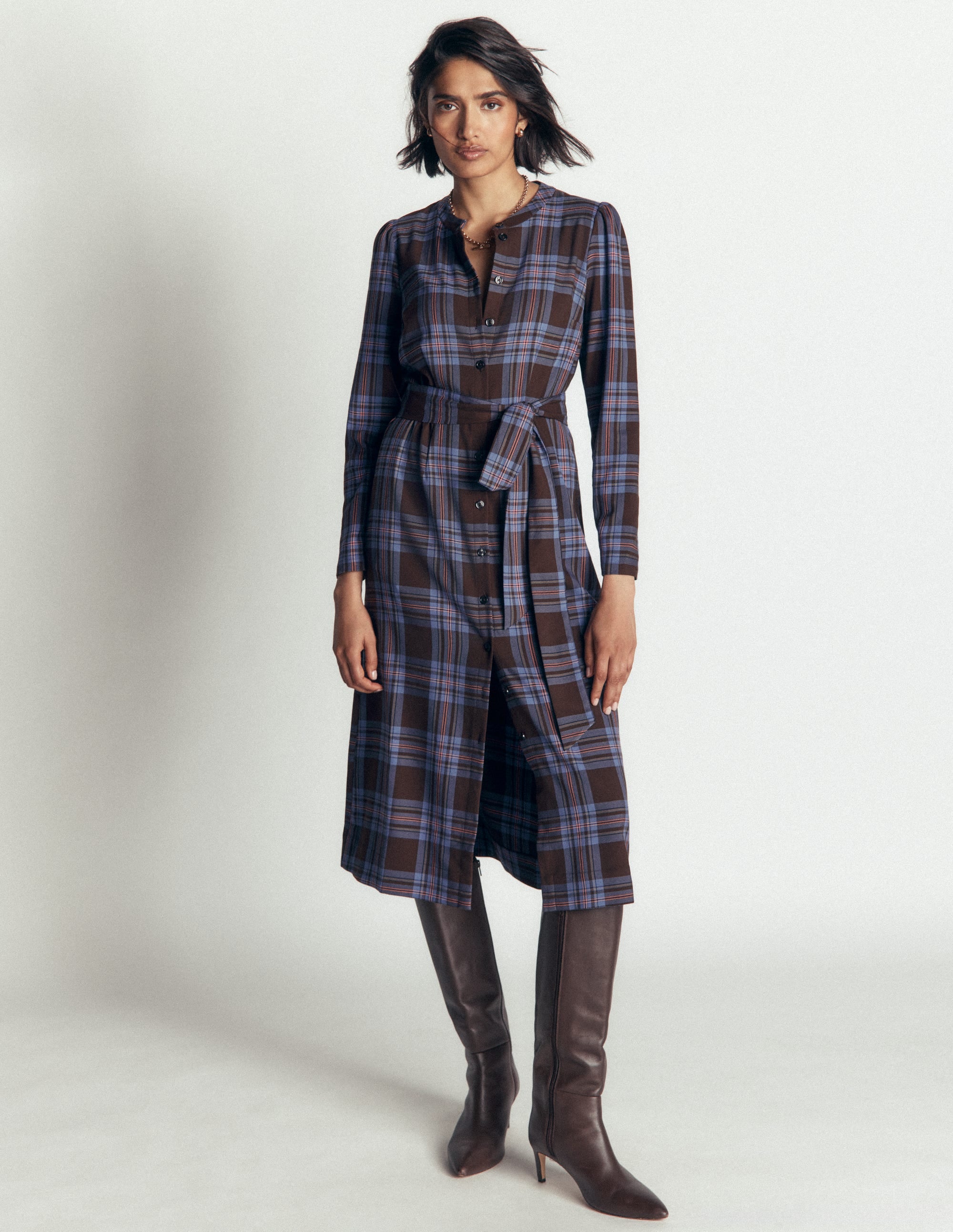 Louise Check Midi Shirt Dress-Brown, Blue and Pink Check - Image 4