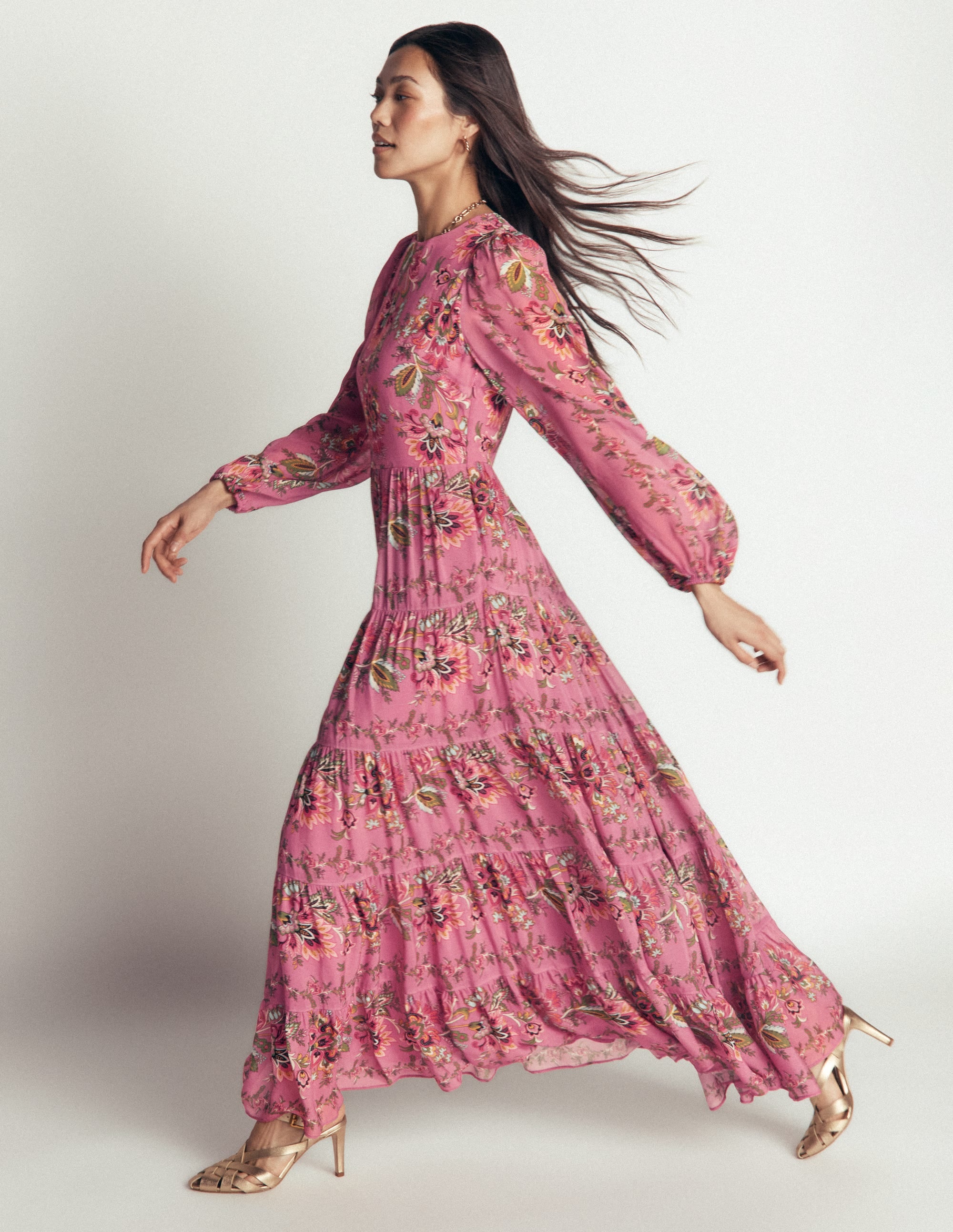 Multi Tiered Maxi Dress-Pink Heather, Frosted Flora - Image 2
