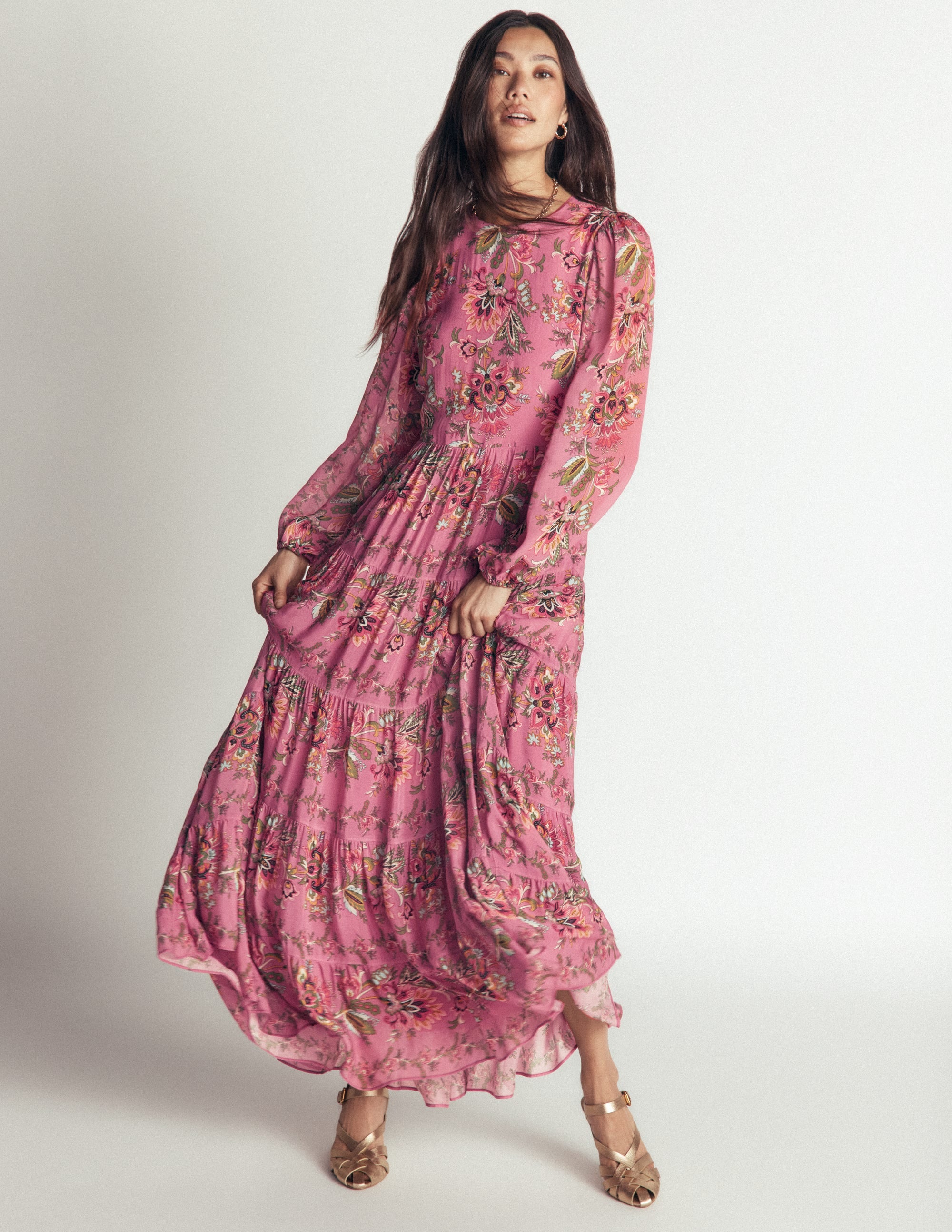Multi Tiered Maxi Dress-Pink Heather, Frosted Flora - Image 5