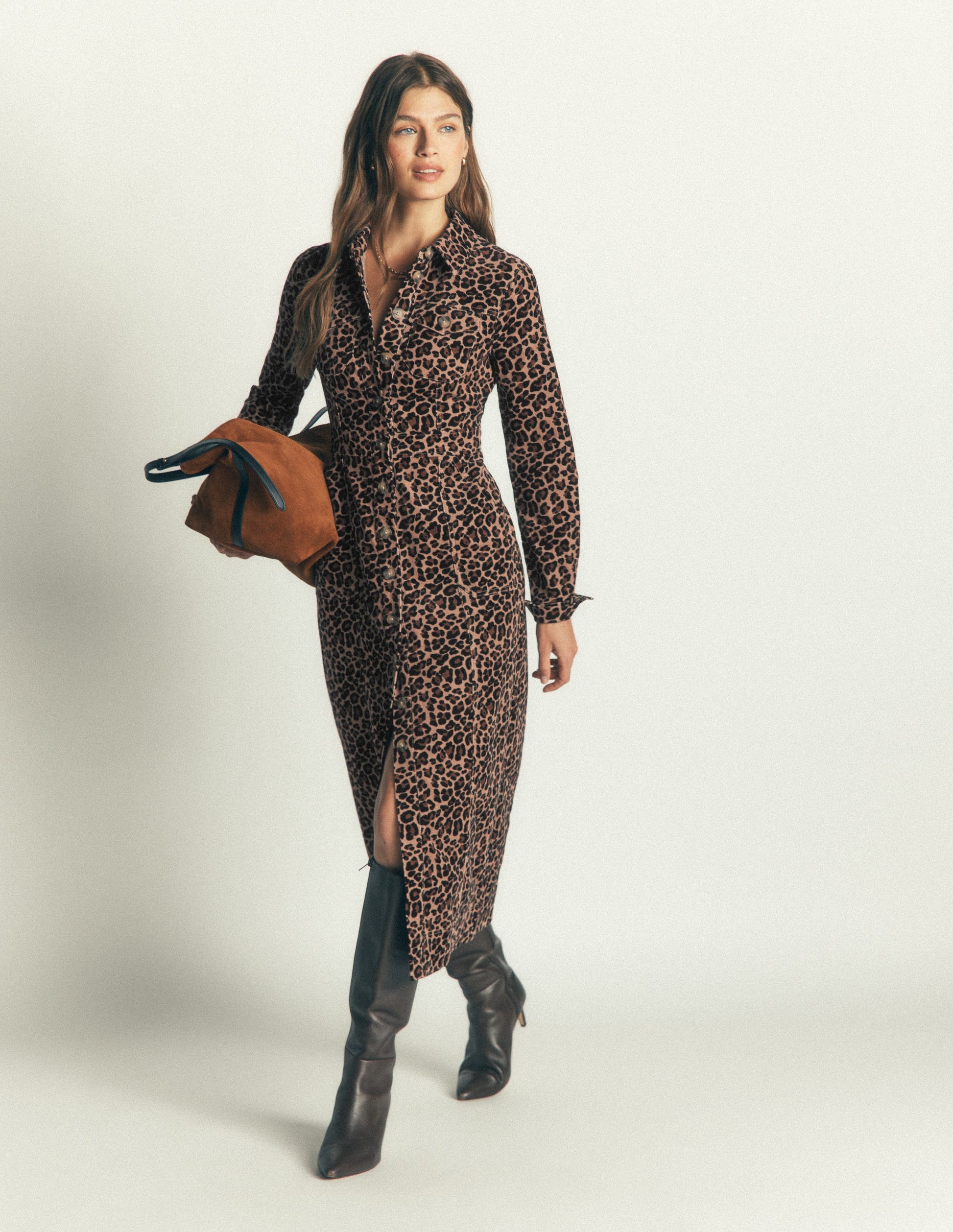 Fleur Cord Midi Dress-Brown, Leopard Fields-4