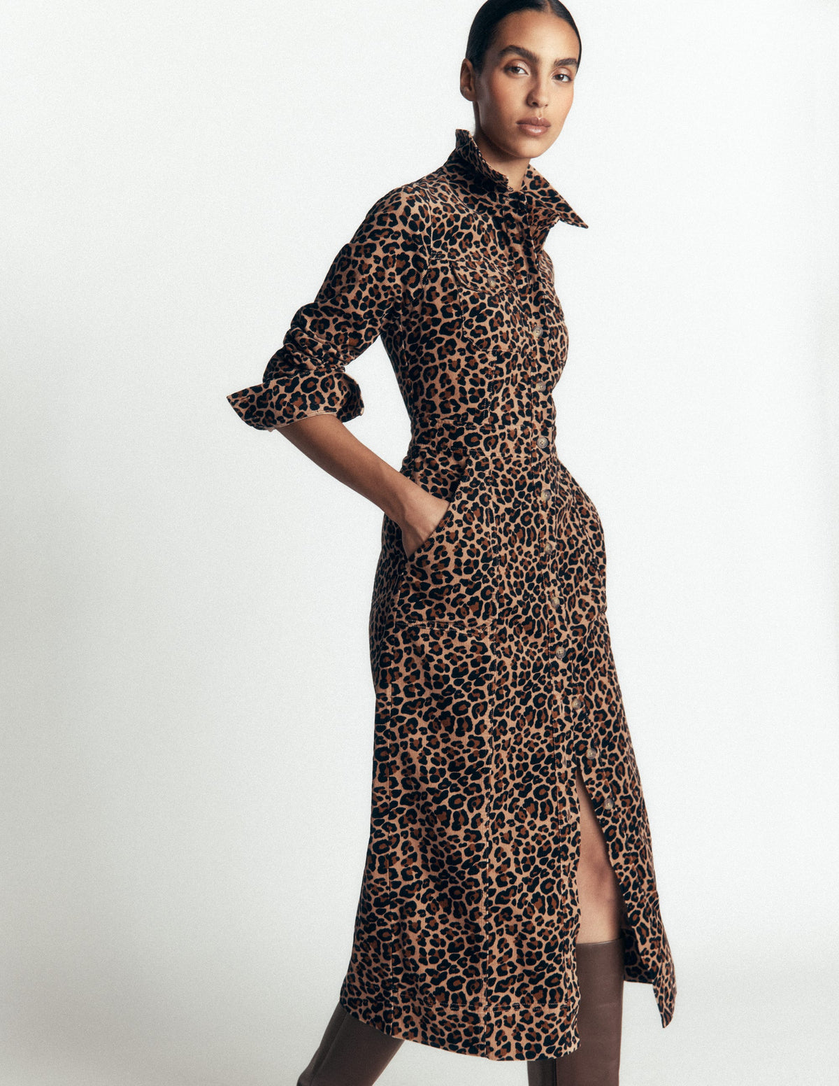 Fleur Cord Midi Shirt Dress-Brown, Leopard Fields-4