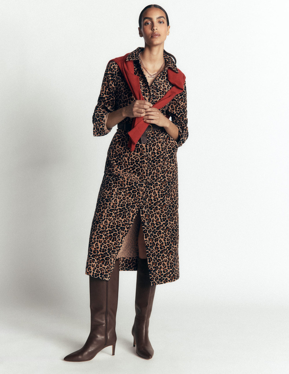 Fleur Cord Midi Shirt Dress-Brown, Leopard Fields-5