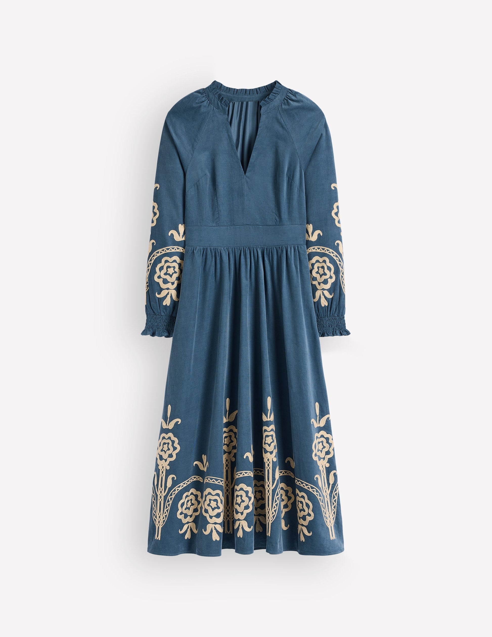 Smocked Cord Midi Dress-Storm Blue, Embroidery-7