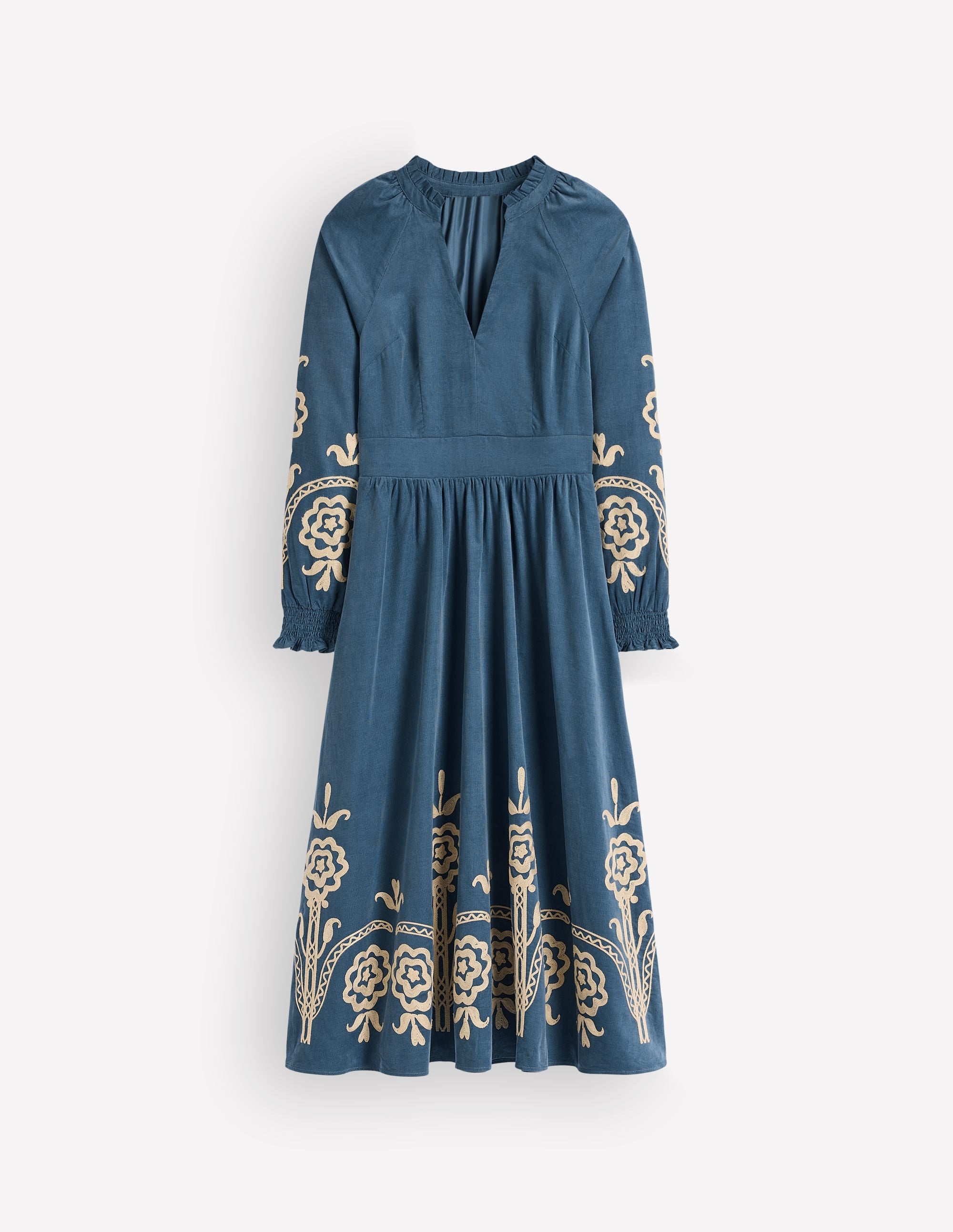 Smocked Cord Midi Dress-Storm Blue, Embroidery - Image 6
