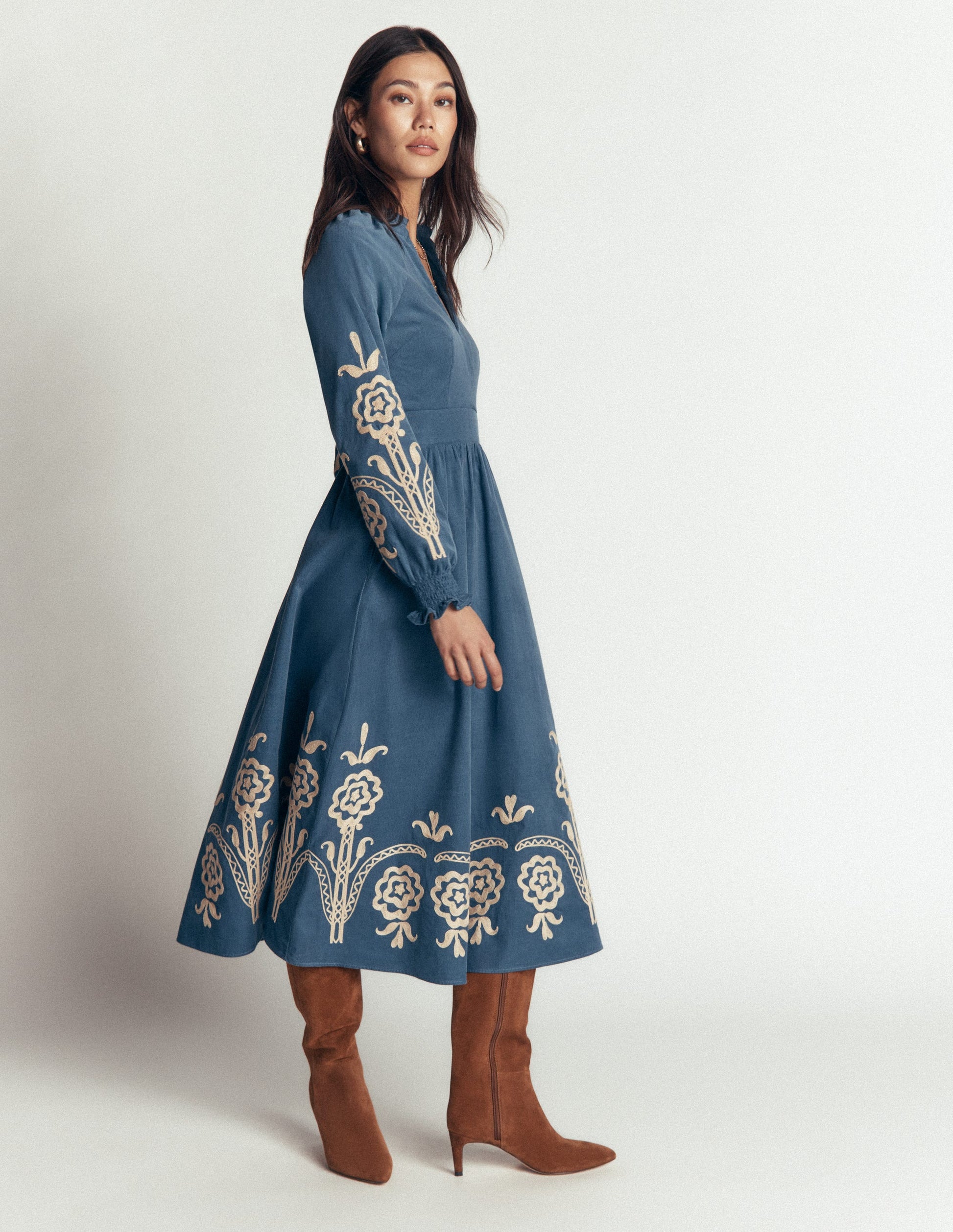 Smocked Cord Midi Dress-Storm Blue, Embroidery-3