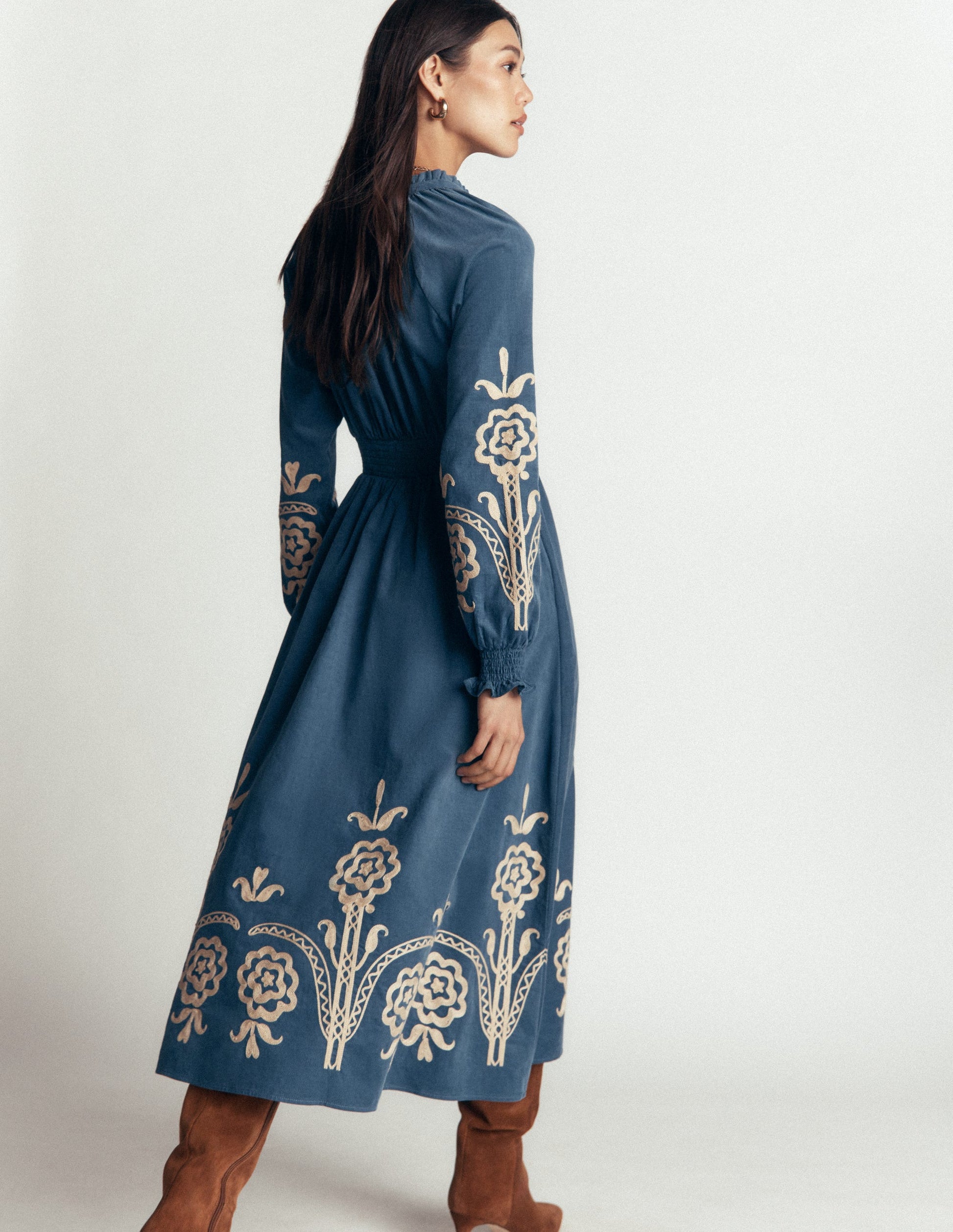 Smocked Cord Midi Dress-Storm Blue, Embroidery-5