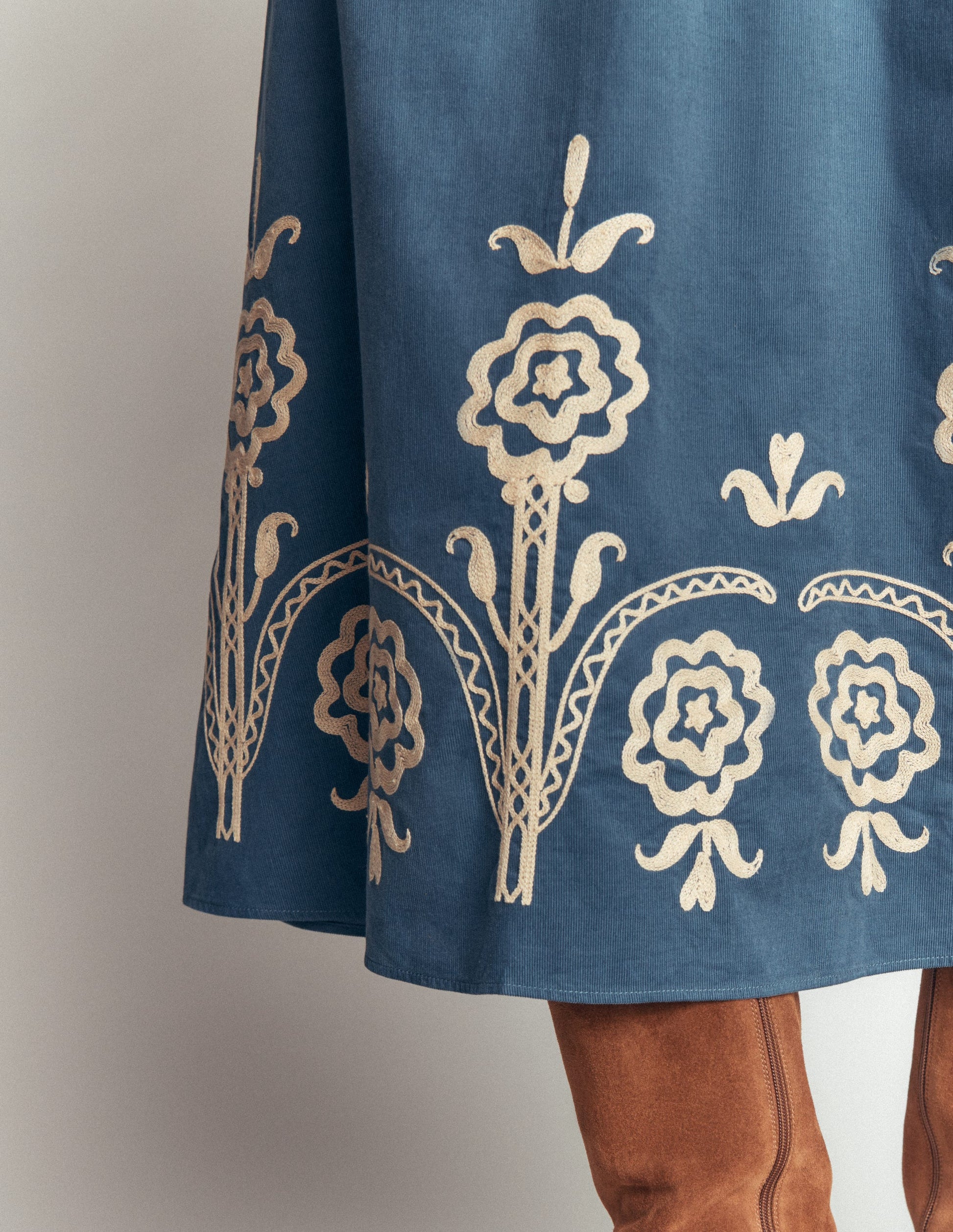 Smocked Cord Midi Dress-Storm Blue, Embroidery-6
