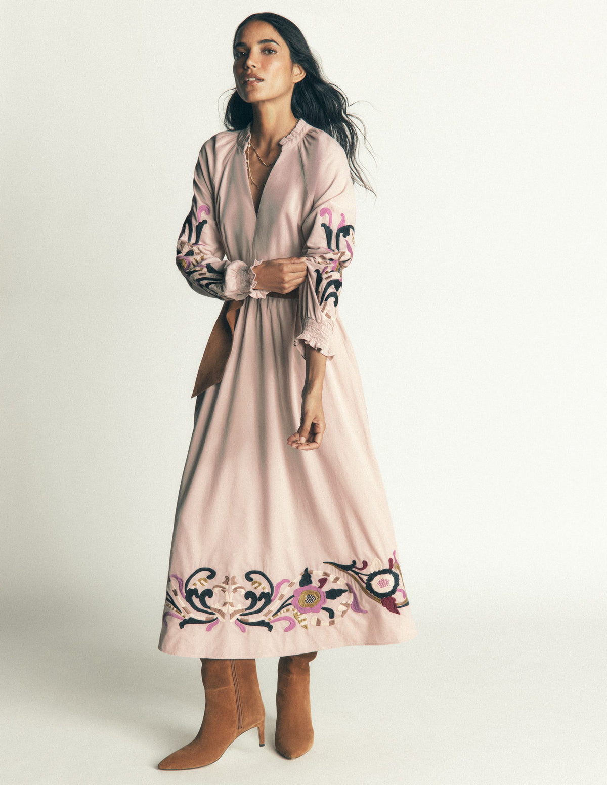 Smocked Cord Midi Dress-Almond Peach, Embroidery - Image 1
