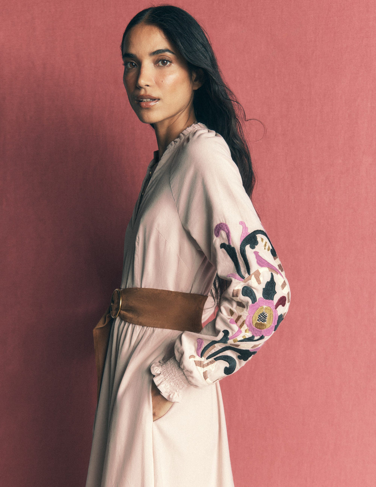 Smocked Cord Midi Dress-Almond Peach, Embroidery-5