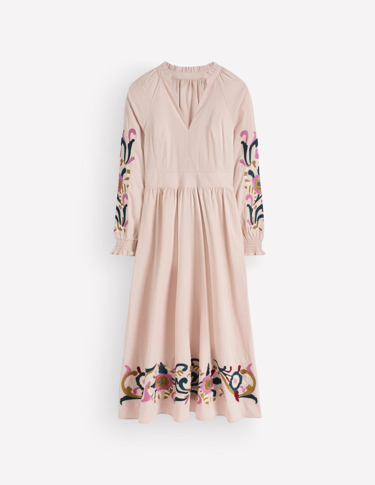 Smocked Cord Midi Dress-Almond Peach, Embroidery-7