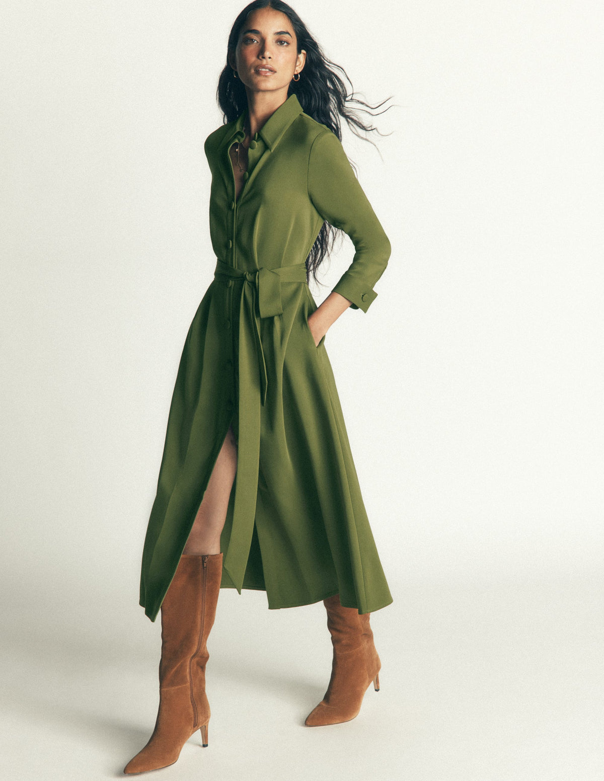 Kate Pleated Shirt Dress-Forest Green-1