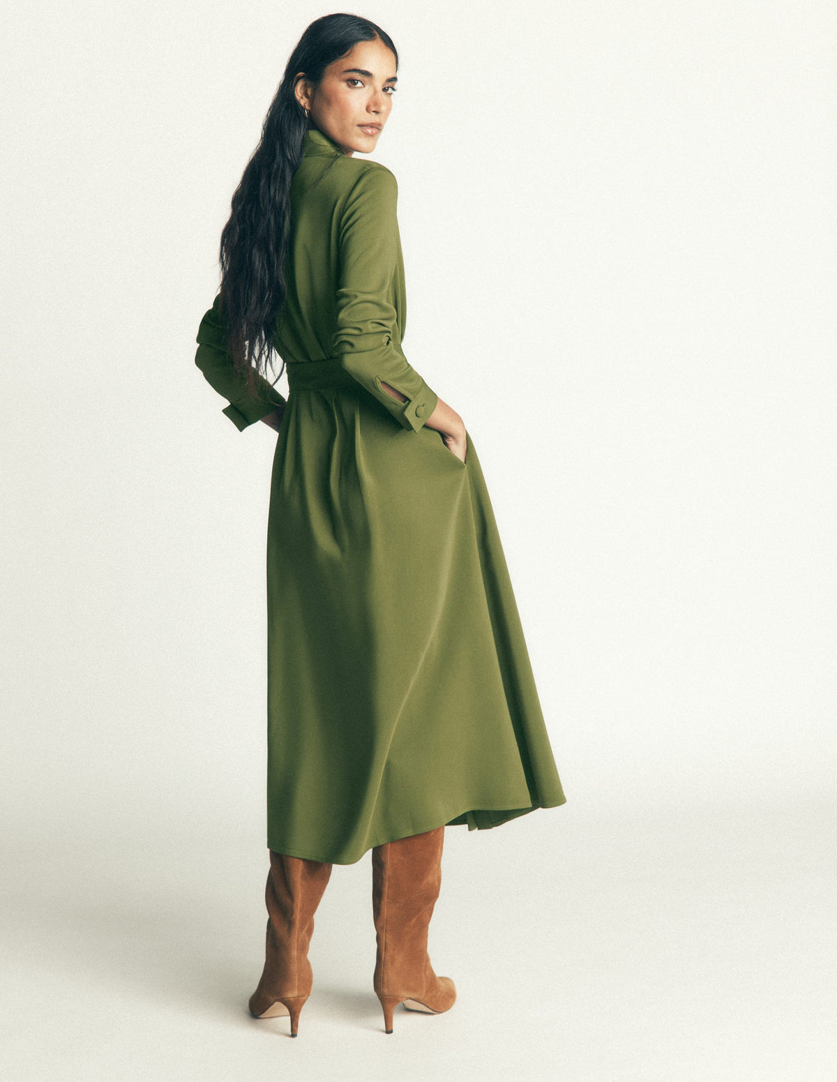 Kate Pleated Shirt Dress-Forest Green-3