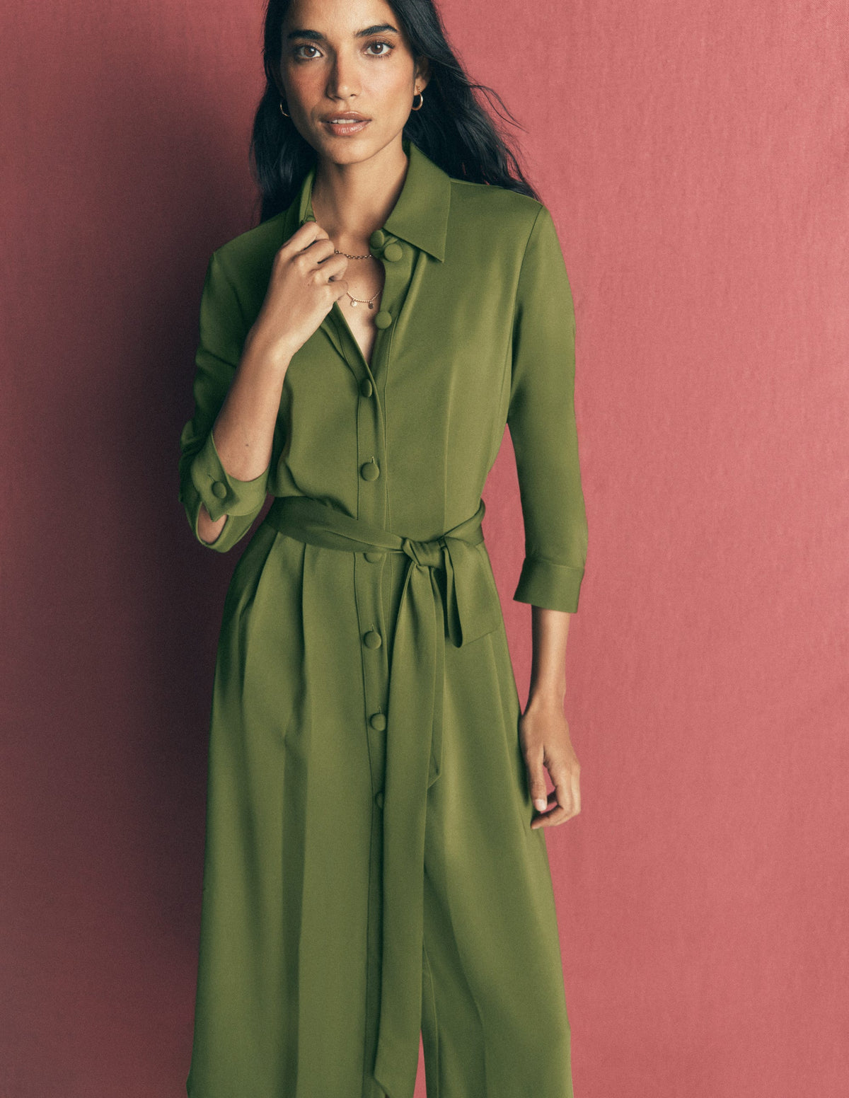Kate Pleated Shirt Dress-Forest Green-4