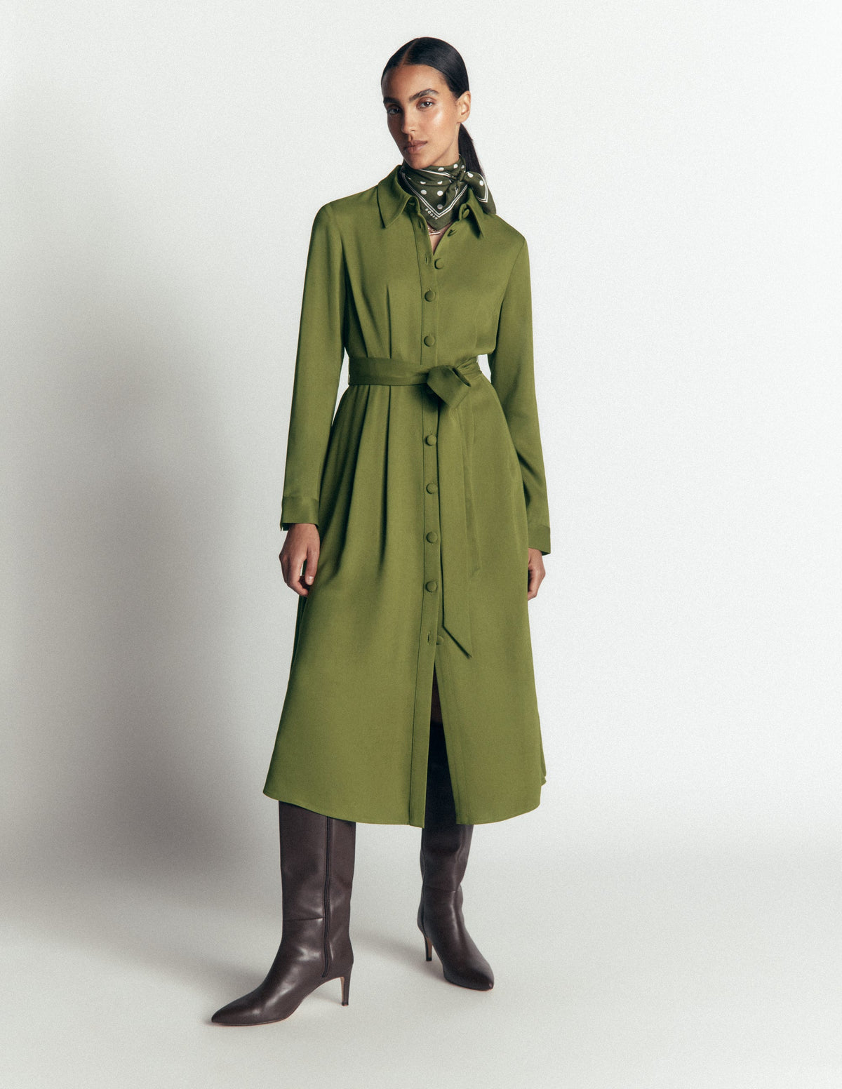 Kate Pleated Shirt Dress-Forest Green - Image 5