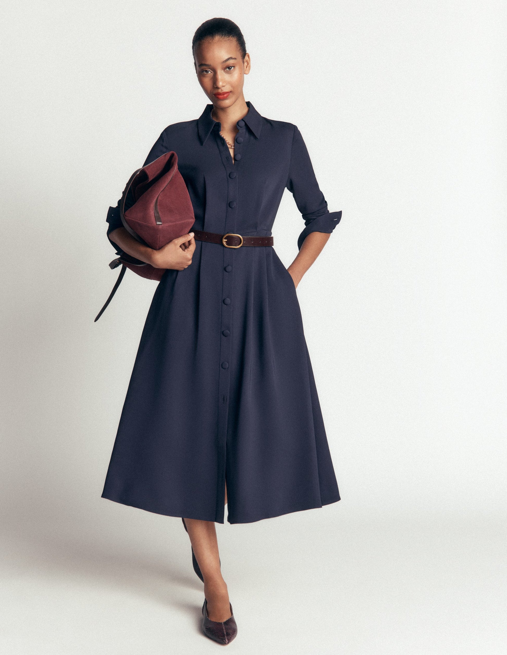Kate Pleated Shirt Dress-Navy-1