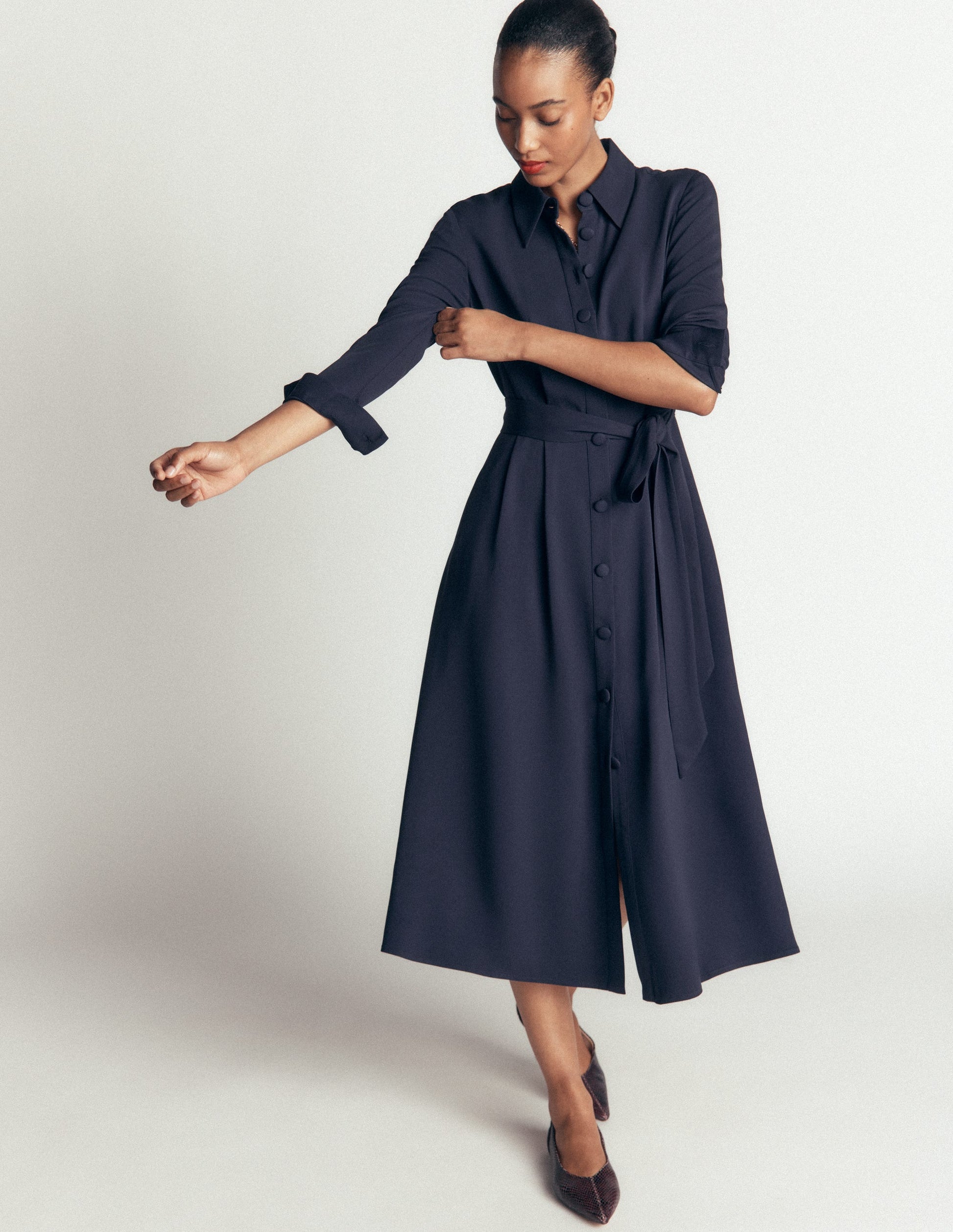 Kate Pleated Shirt Dress-Navy-4