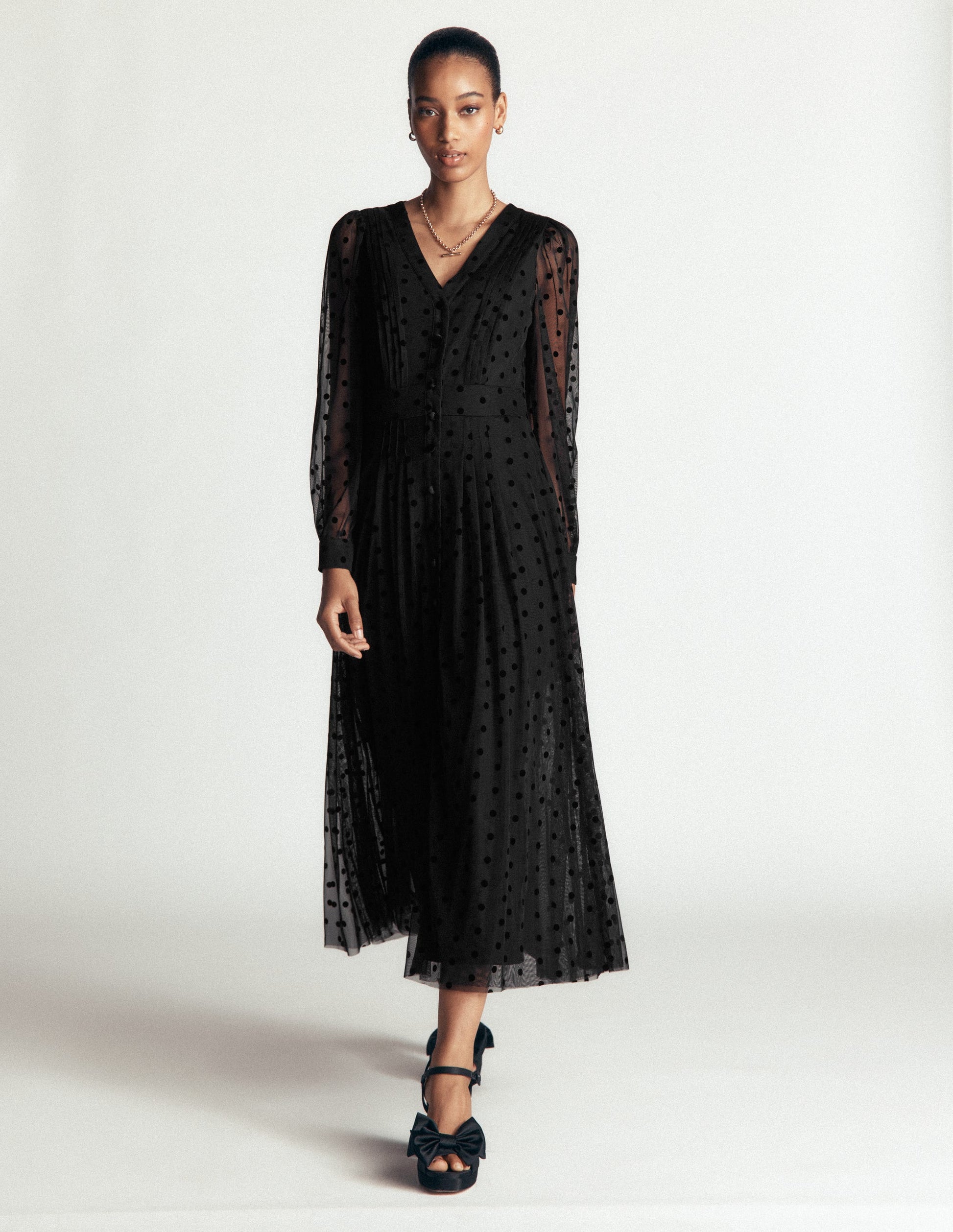 Pleated Tulle Midi Dress-Black-1