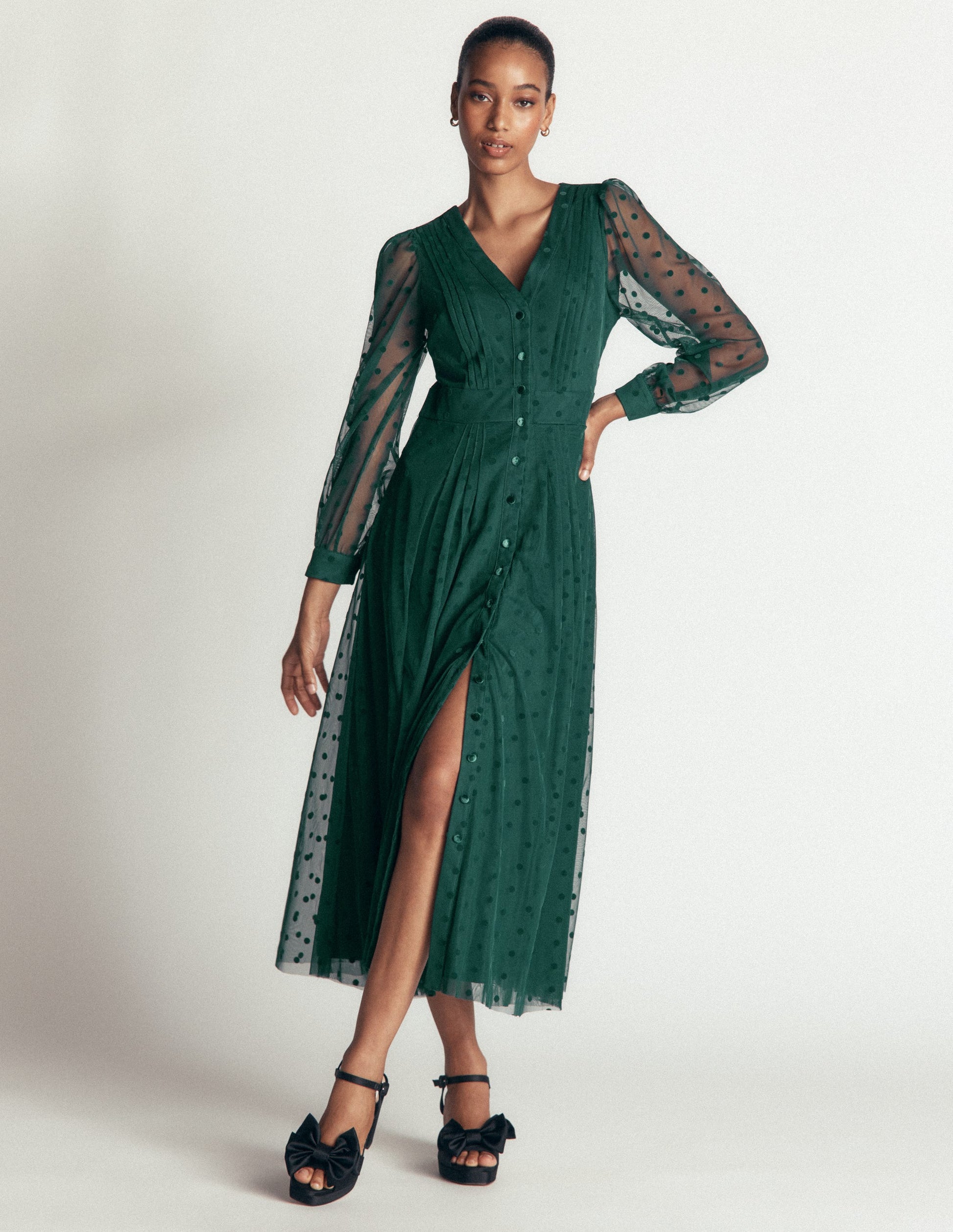 Pleated Tulle Midi Dress-Midnight Teal-1