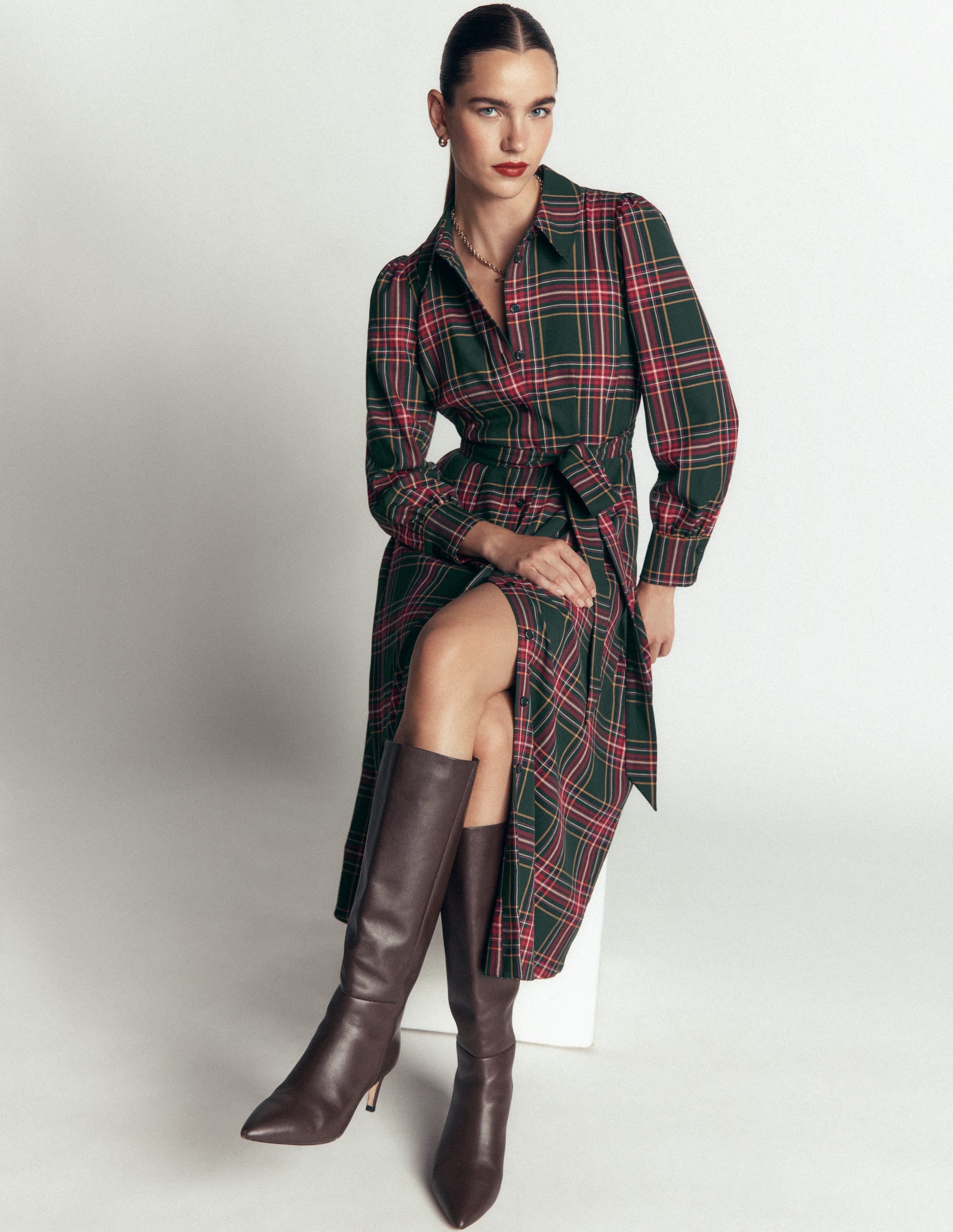 Maeve Check Midi Shirt Dress-Green, Navy and Red Check - Image 2