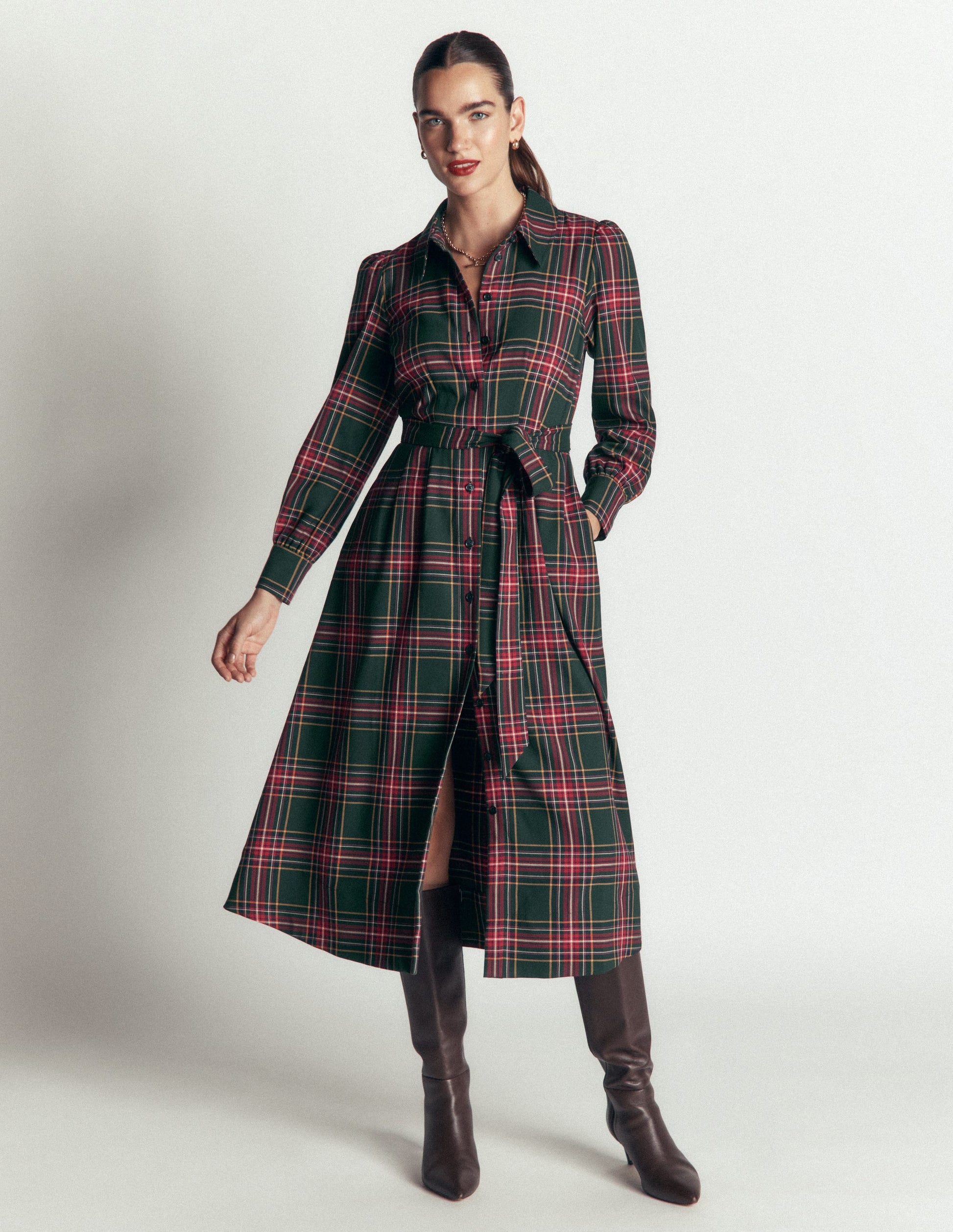Maeve Check Midi Shirt Dress-Green, Navy and Red Check-6