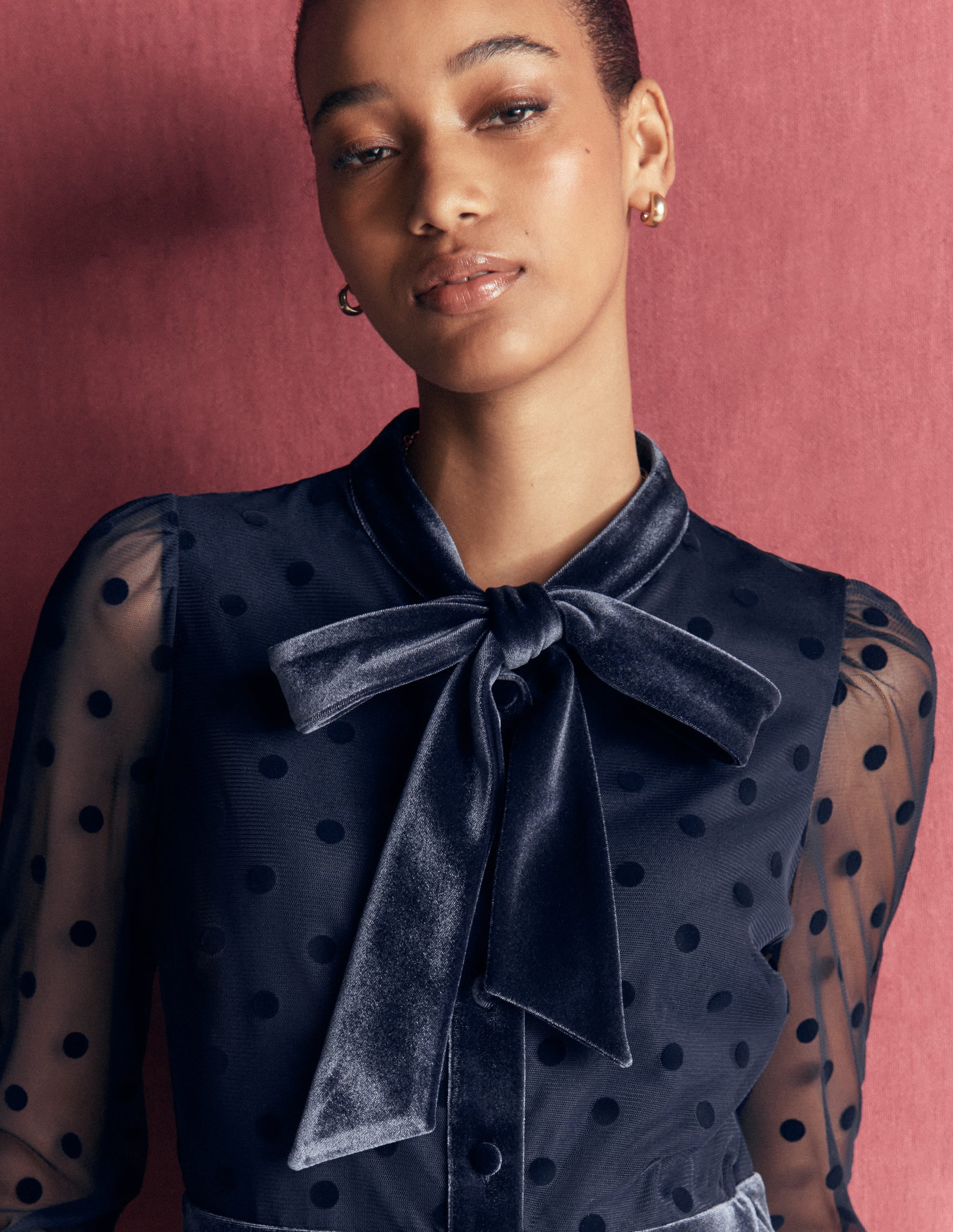 Tie Neck Tiered Tulle Dress-Navy - Image 3
