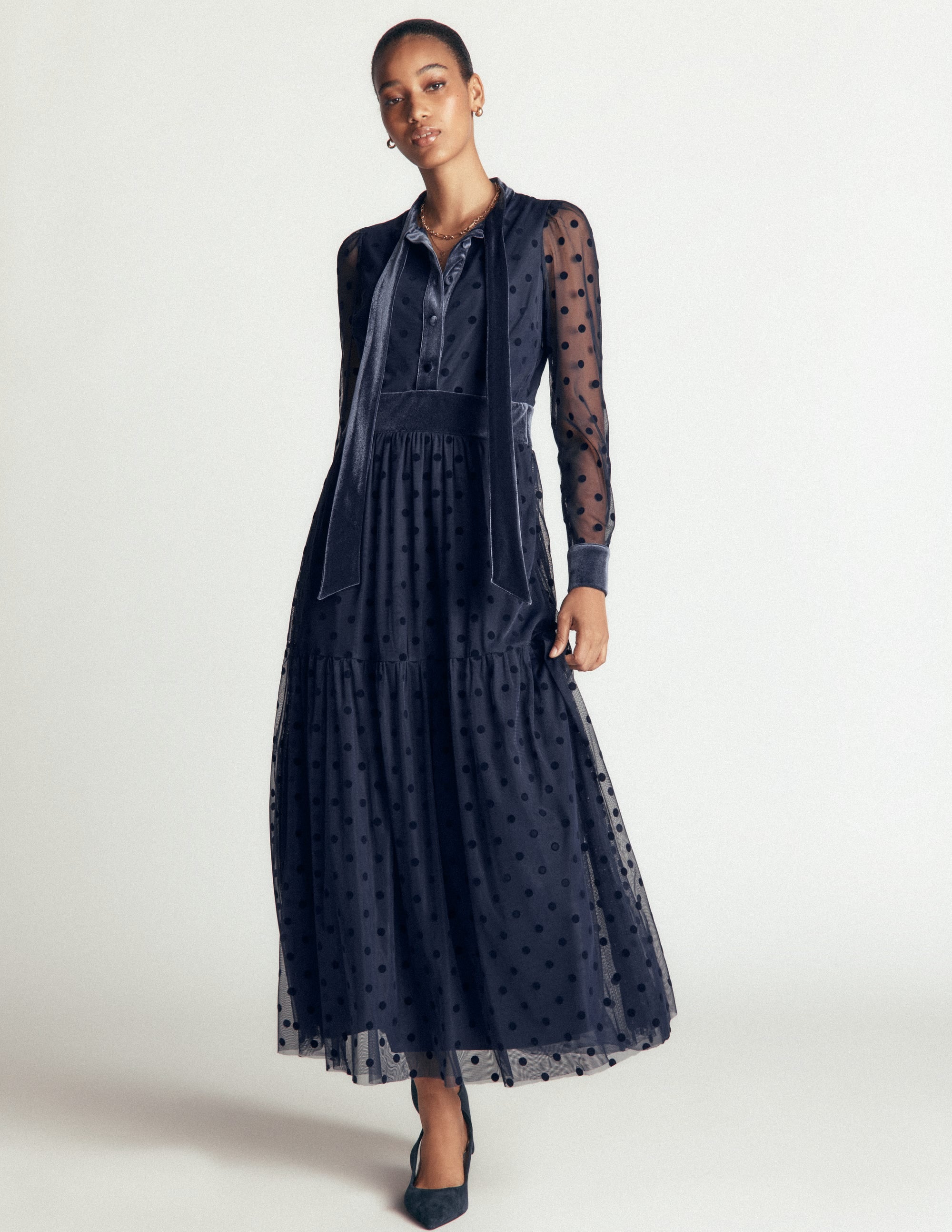 Tie Neck Tiered Tulle Dress-Navy - Image 5