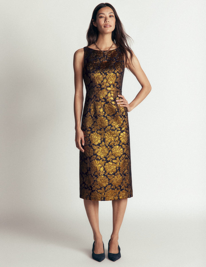 Jacquard Boat Neck Dress-Gold Floral Jacquard