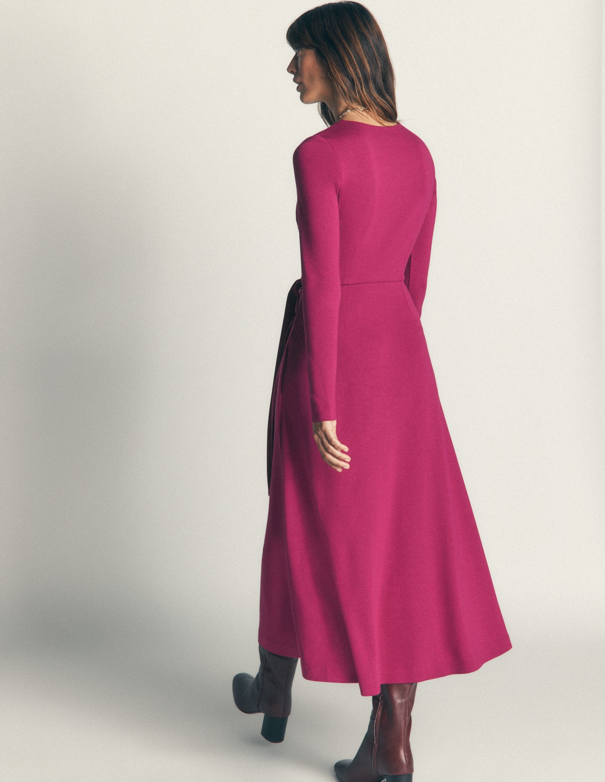 Tie Waist Ponte Dress-Beetroot Red - Image 3