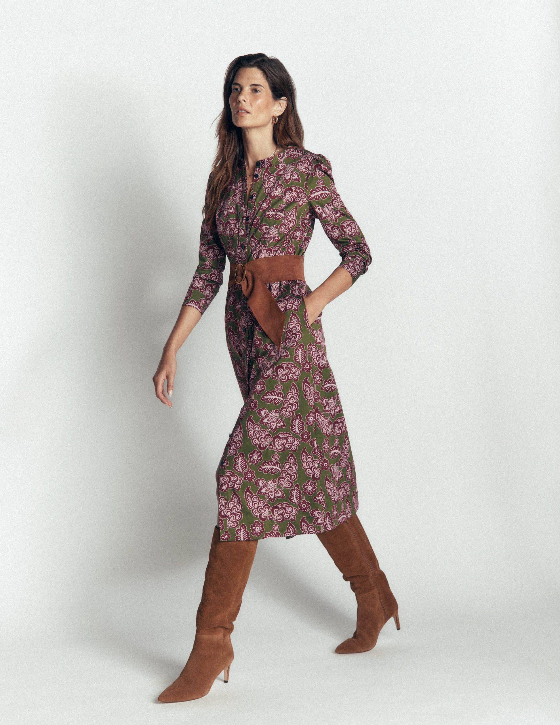 Louise Midi Shirt Dress-Forest Green, Tickled Meadows-5