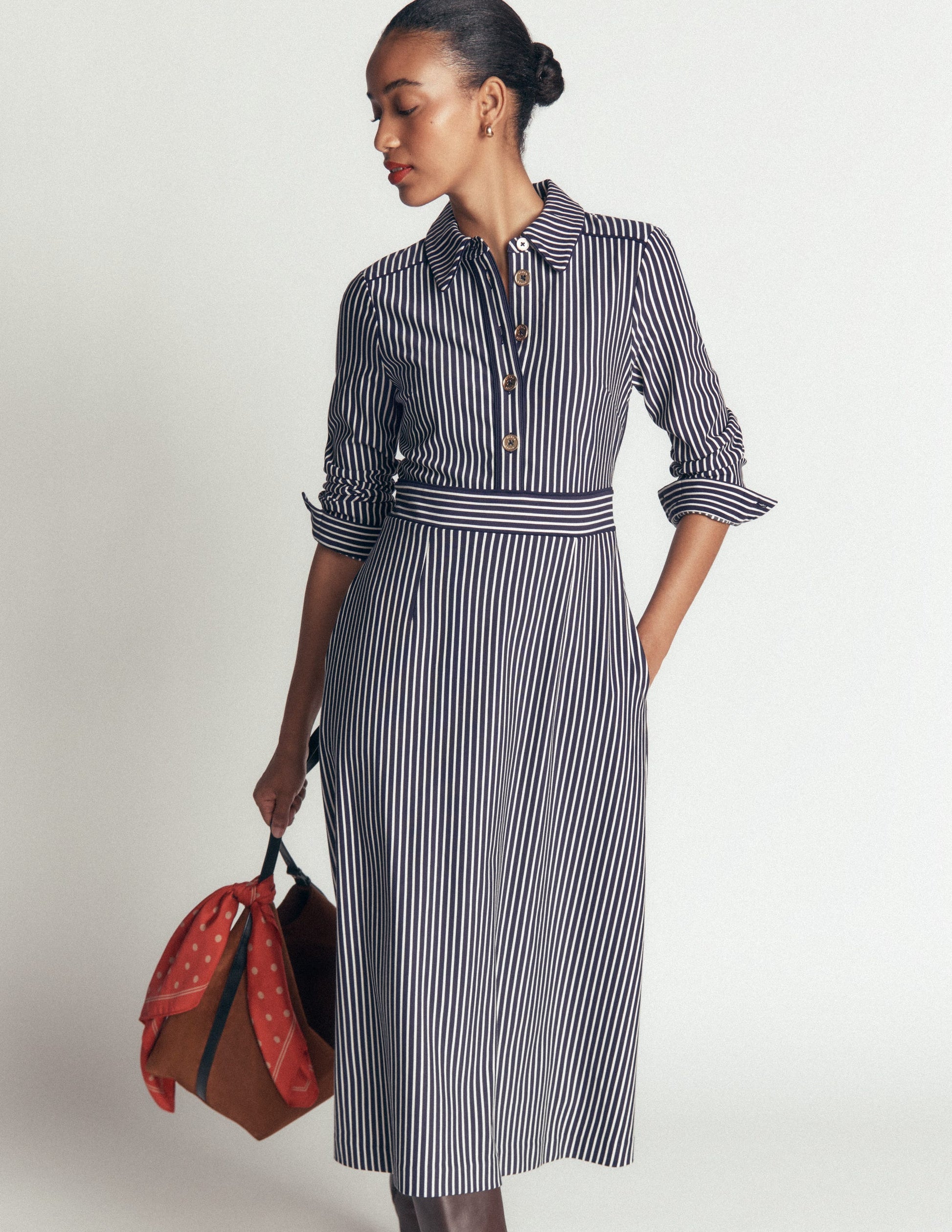 Etta Piping Detail Ponte Dress-Navy, Ivory Stripe-4